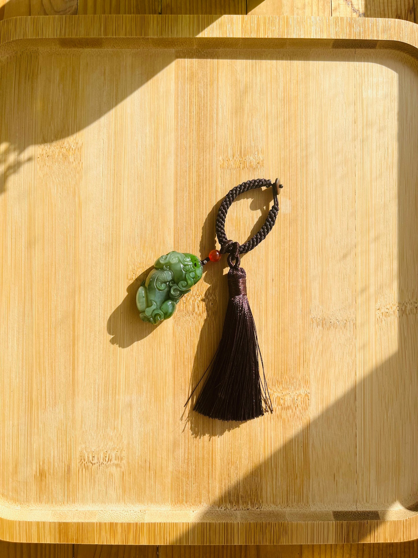 Handmade Bag Charm with a Carved Green Jade Pixiu, 碧玉貔貅包挂