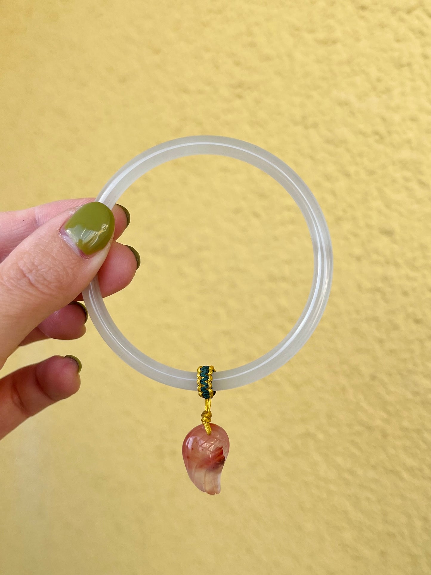 White Jade Bangle 53mm with a Southern Red Agate Wing Pendant, 和田白玉手镯加南红小翅膀提溜