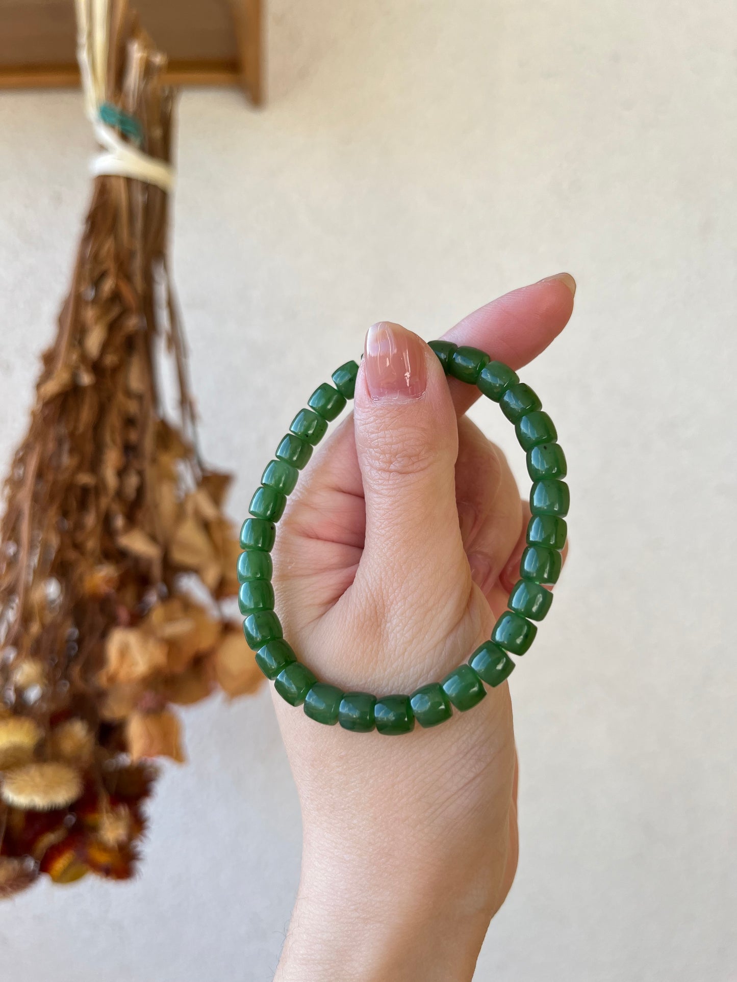 Green Nephrite Jade Beaded Bracelet (6mm x 4mm)