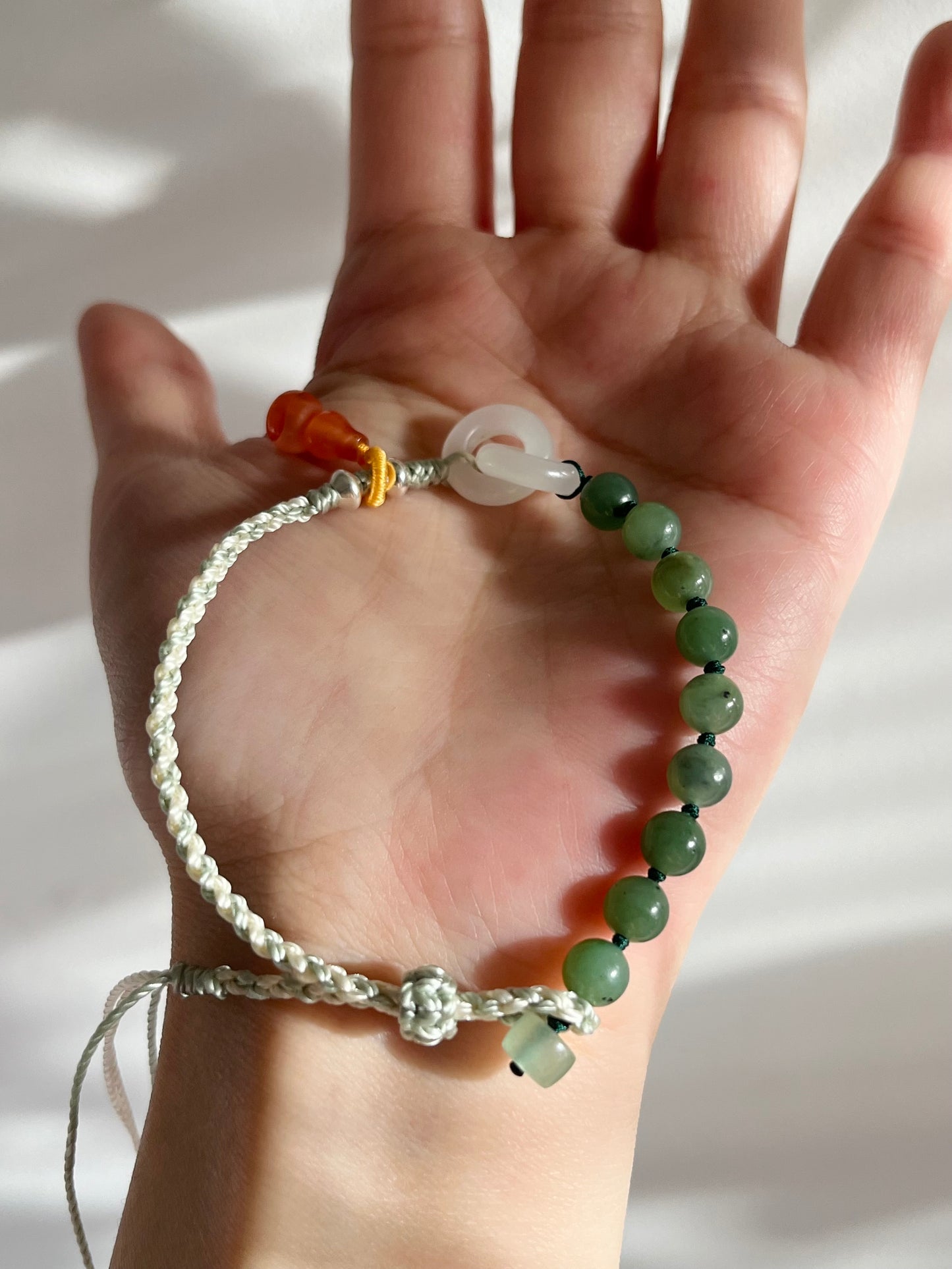 Handwoven Bracelet with Interlocking White Jade Rings, 手编和田白玉环环相扣手绳