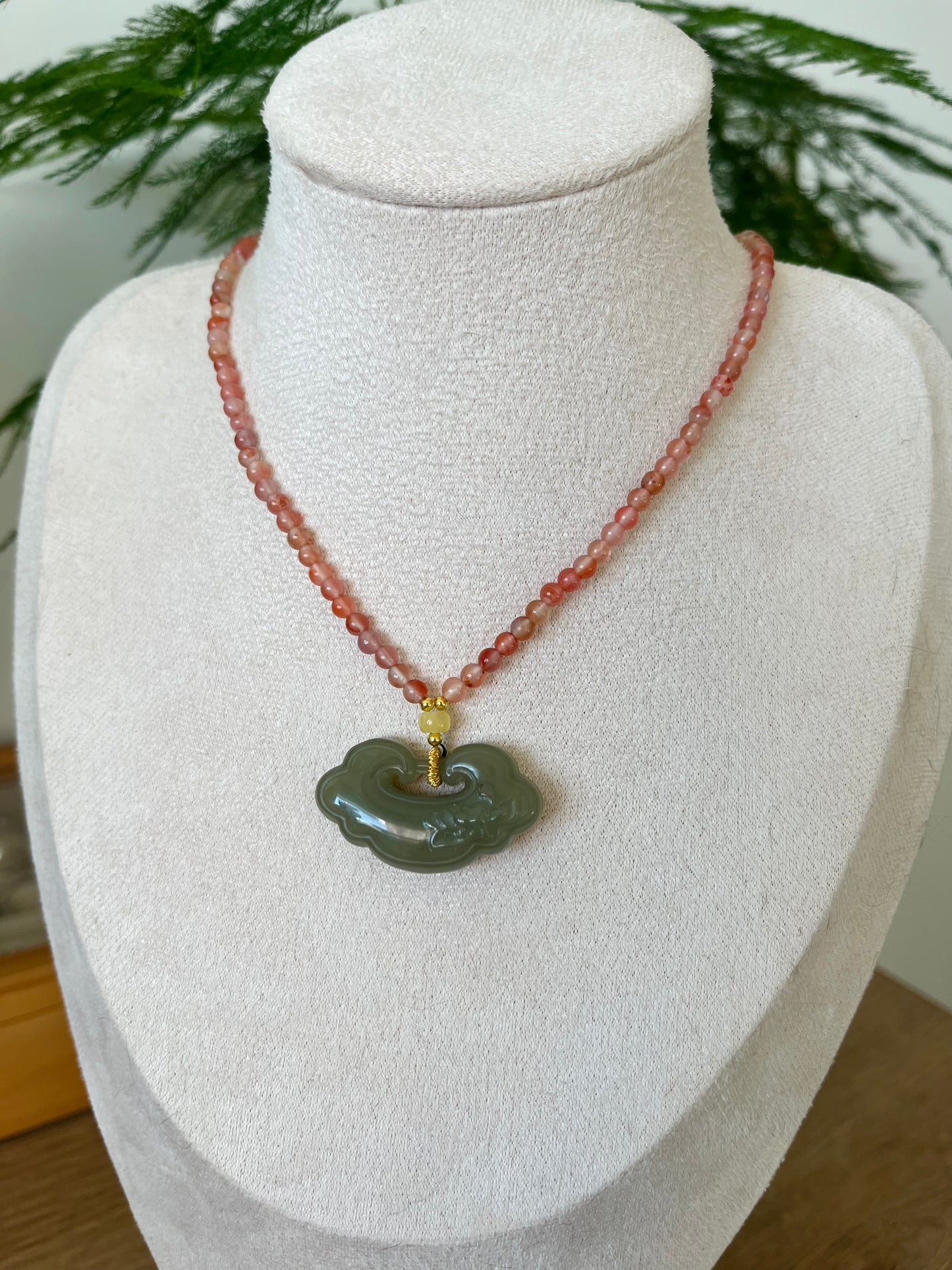 Handmade Necklace with 3mm Nanhong Agate Beads and Carved Jade Auspicious Clouds Ruyi Pendant, 南红玛瑙和田祥云如意项链