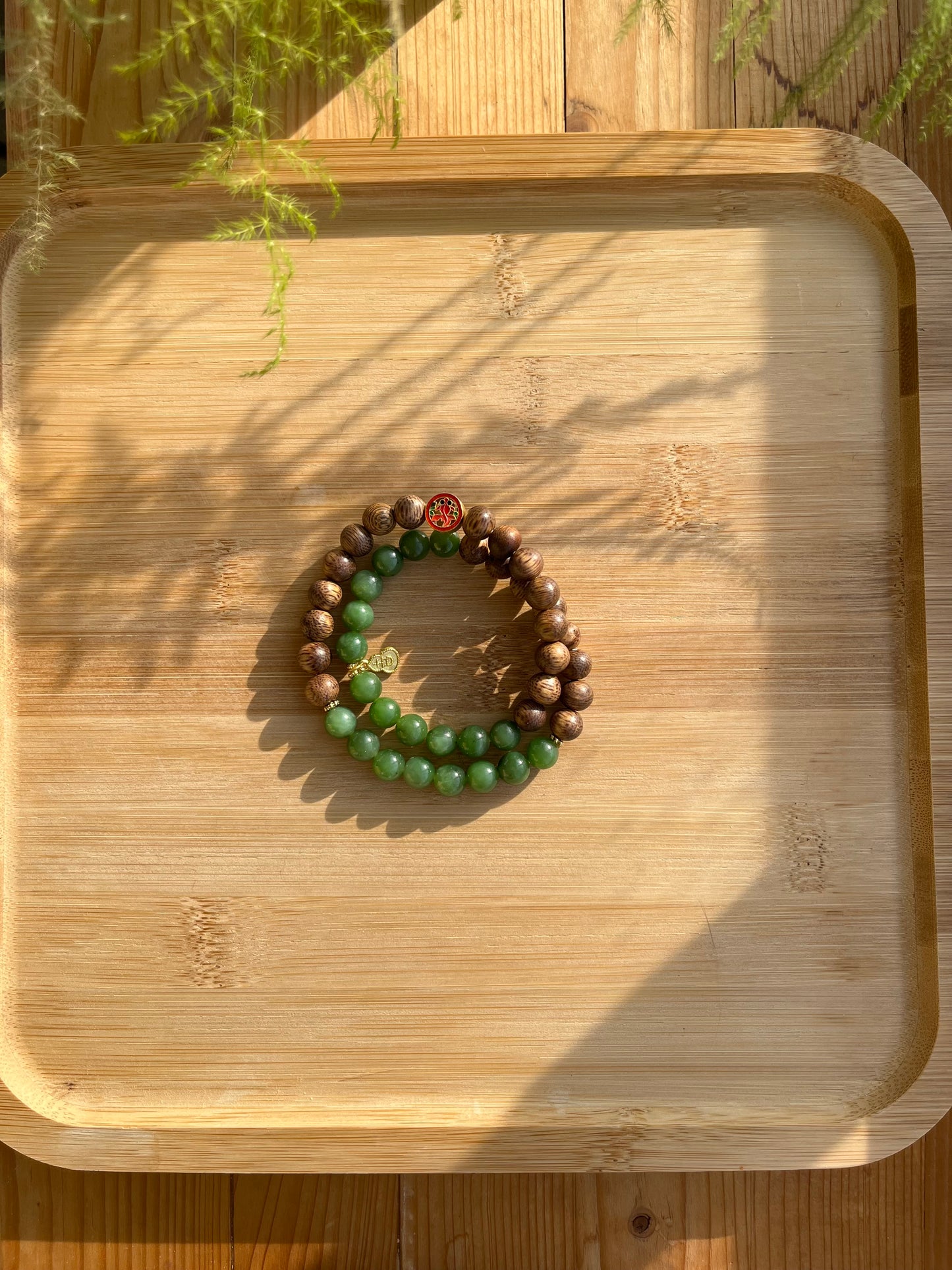 Handmade Double Loop Bracelet with 8mm Jade Beads and Sandalwood beads