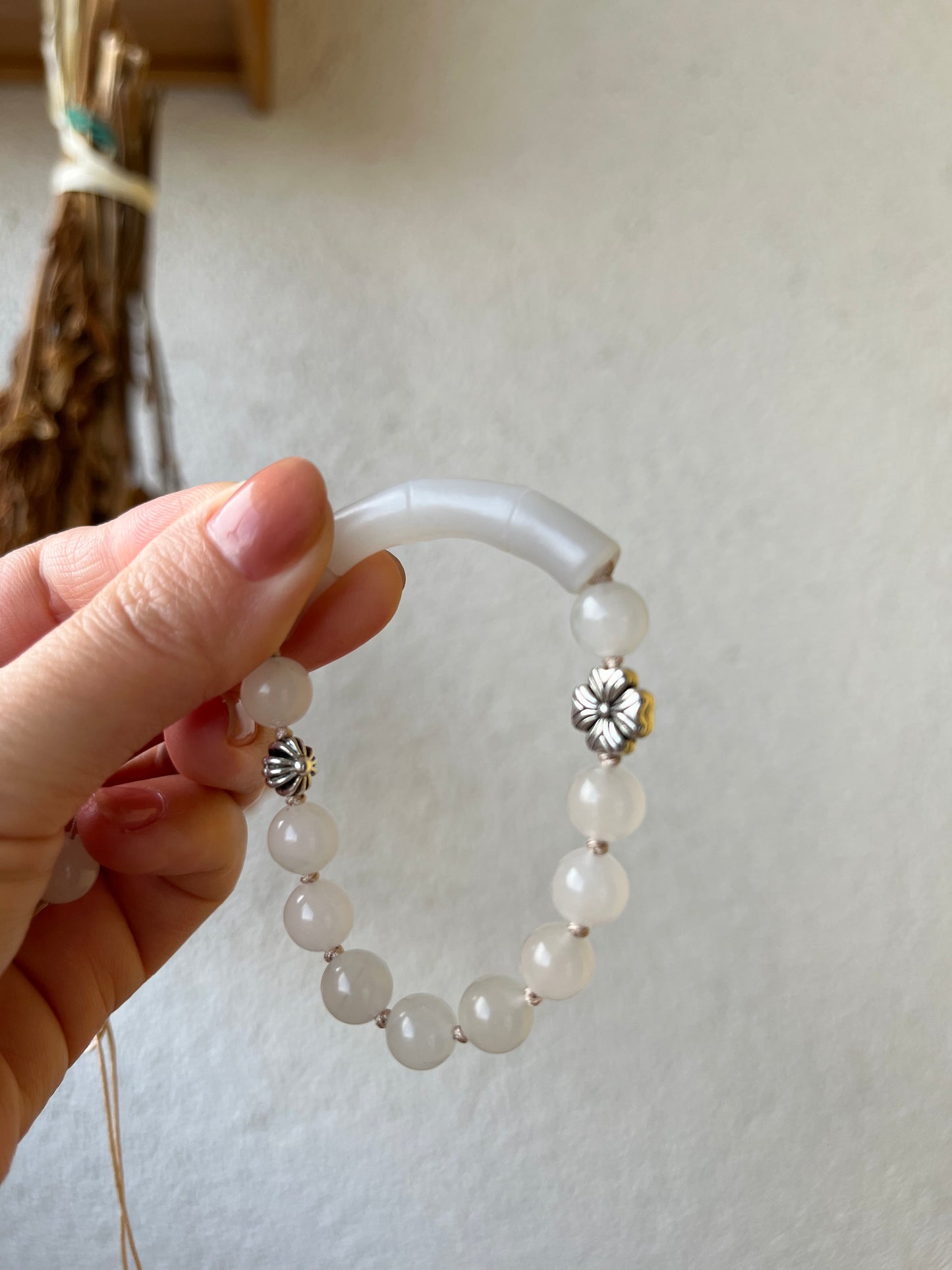 Handmade Bracelet with a Hand Carved White Jade Bamboo