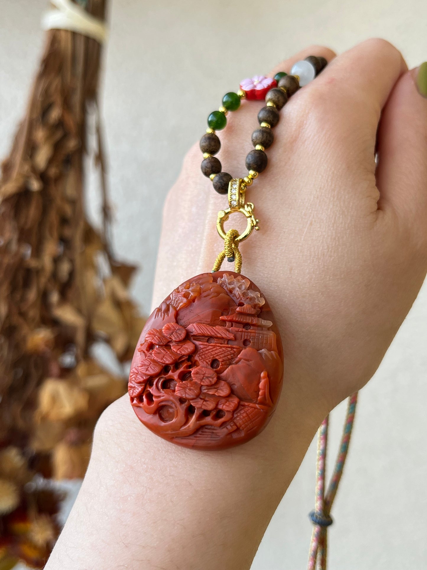 Handmade Necklace with a Hand Carved Nanhong Agate Landscape Pendant, 手雕南红山水