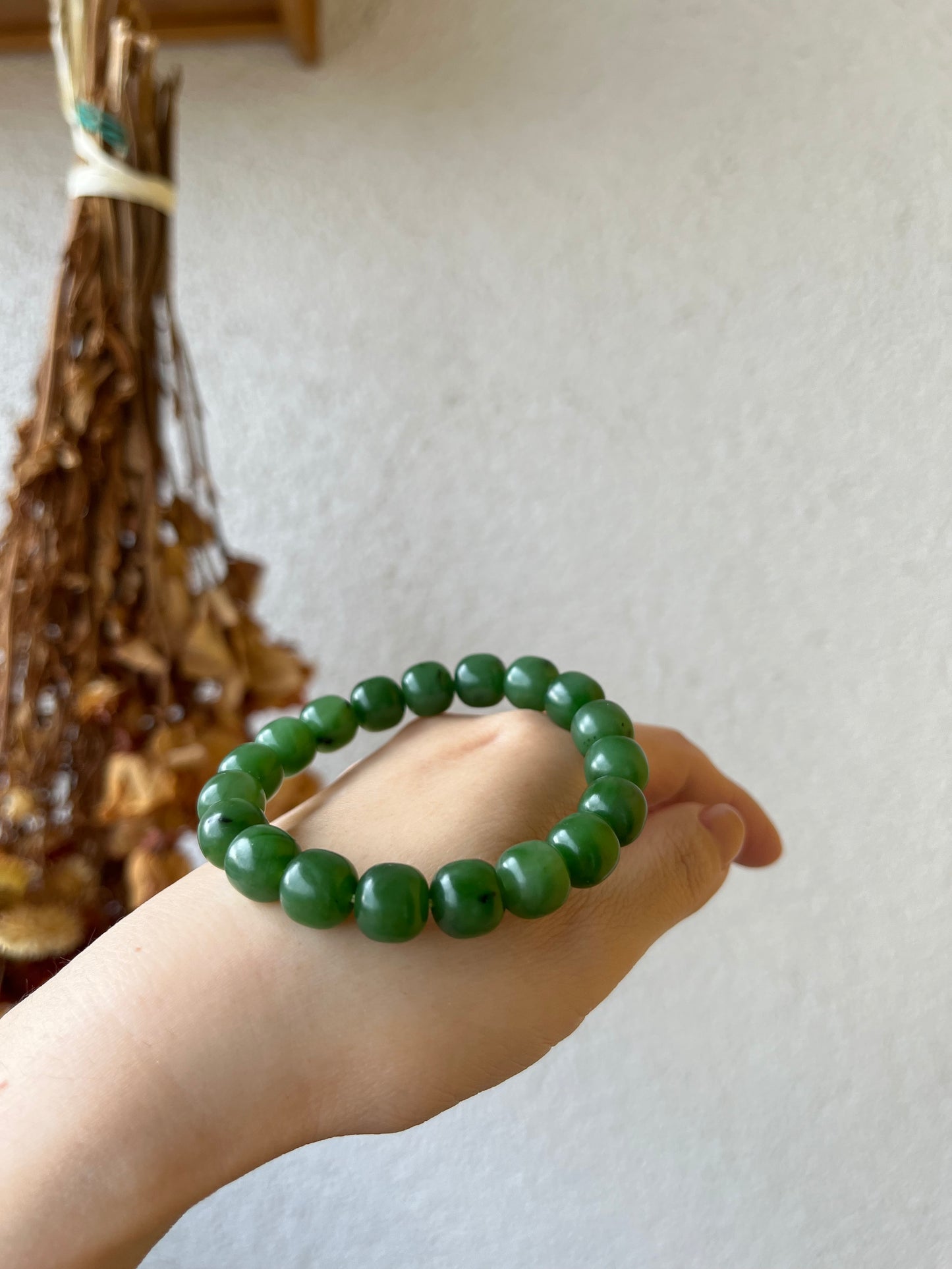 Green Nephrite Jade Beaded Bracelet 10mm x 8mm