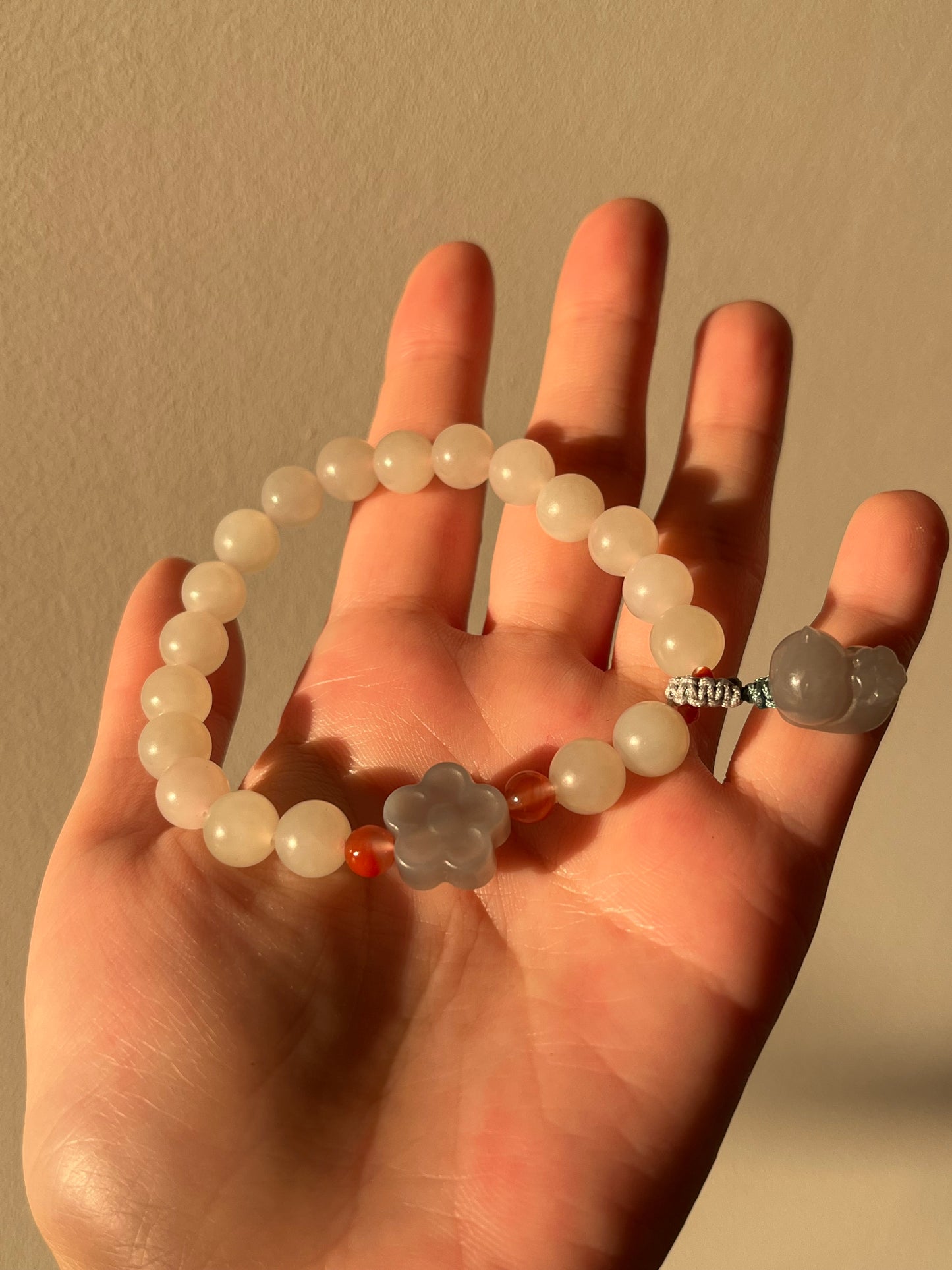 White Jade Bracelet with 8mm Bead and a Hand Carved Purple Jade Cat