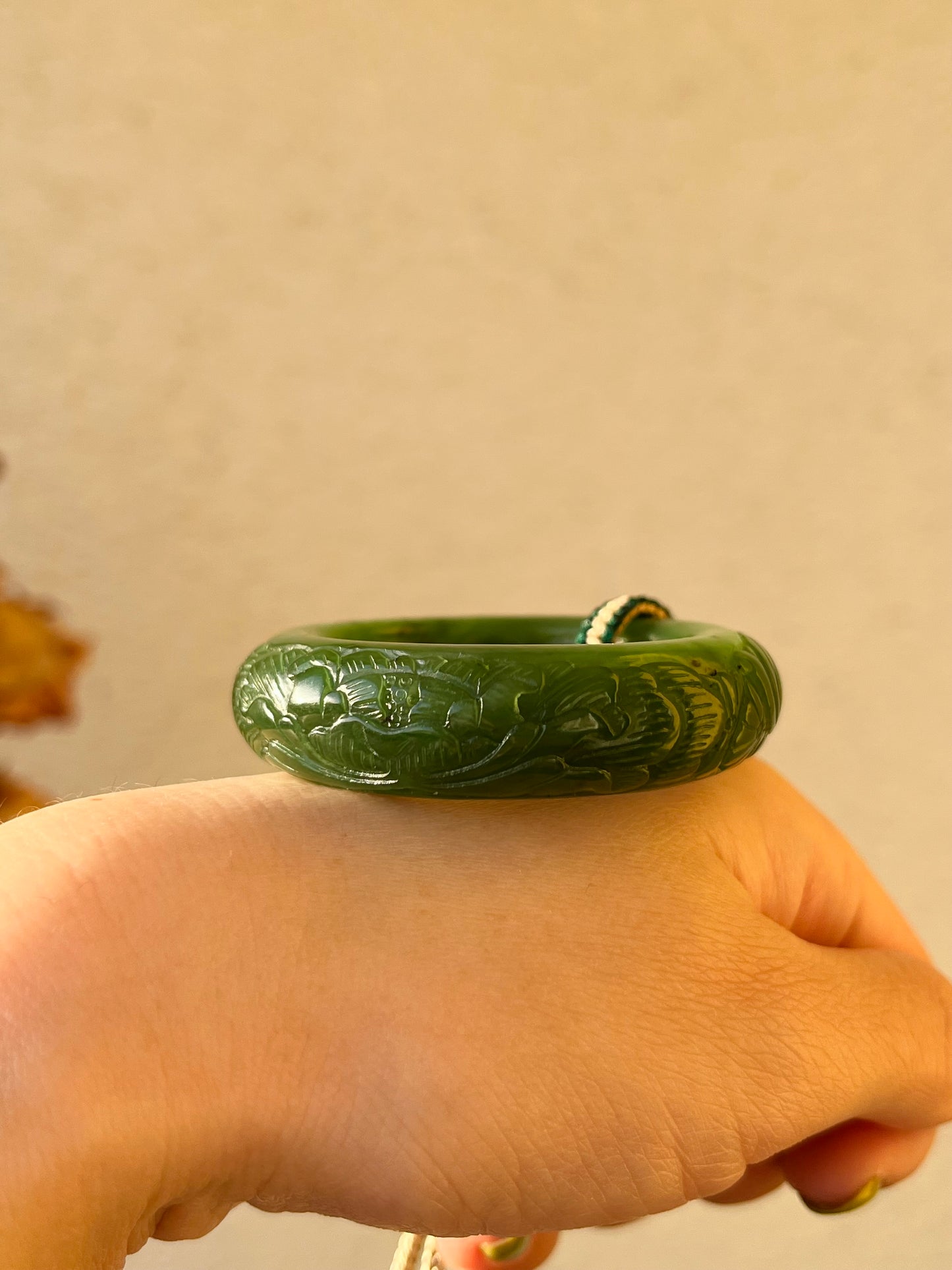 Hand Carved Jade Lotus Flower Peace Ring Pedant, 手雕碧玉荷花平安环吊坠