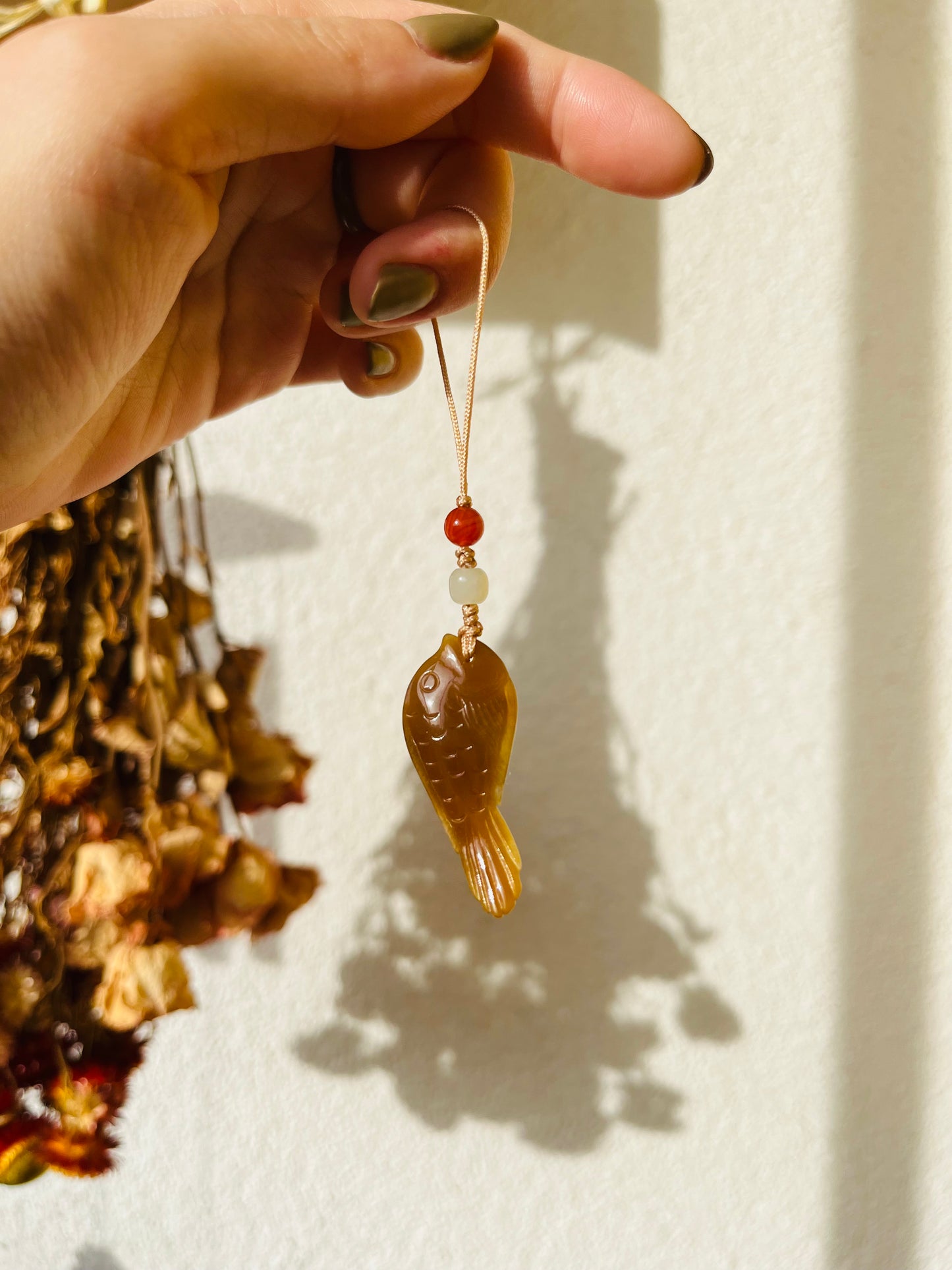 Hand Carved Brown Jade Fish Phone Charm