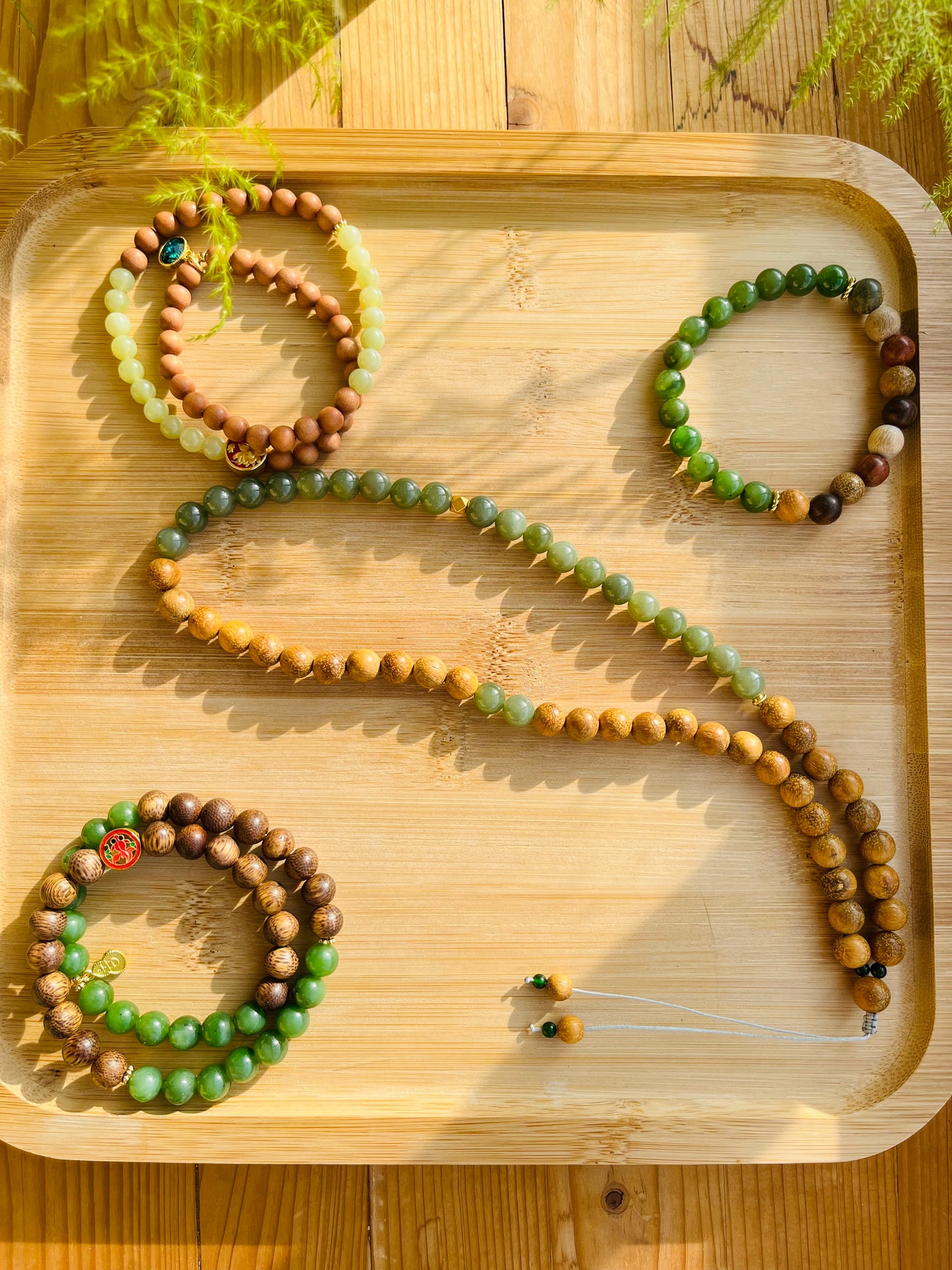 Handmade Necklace with 8mm Green Jade Beads and Bamboo Beads