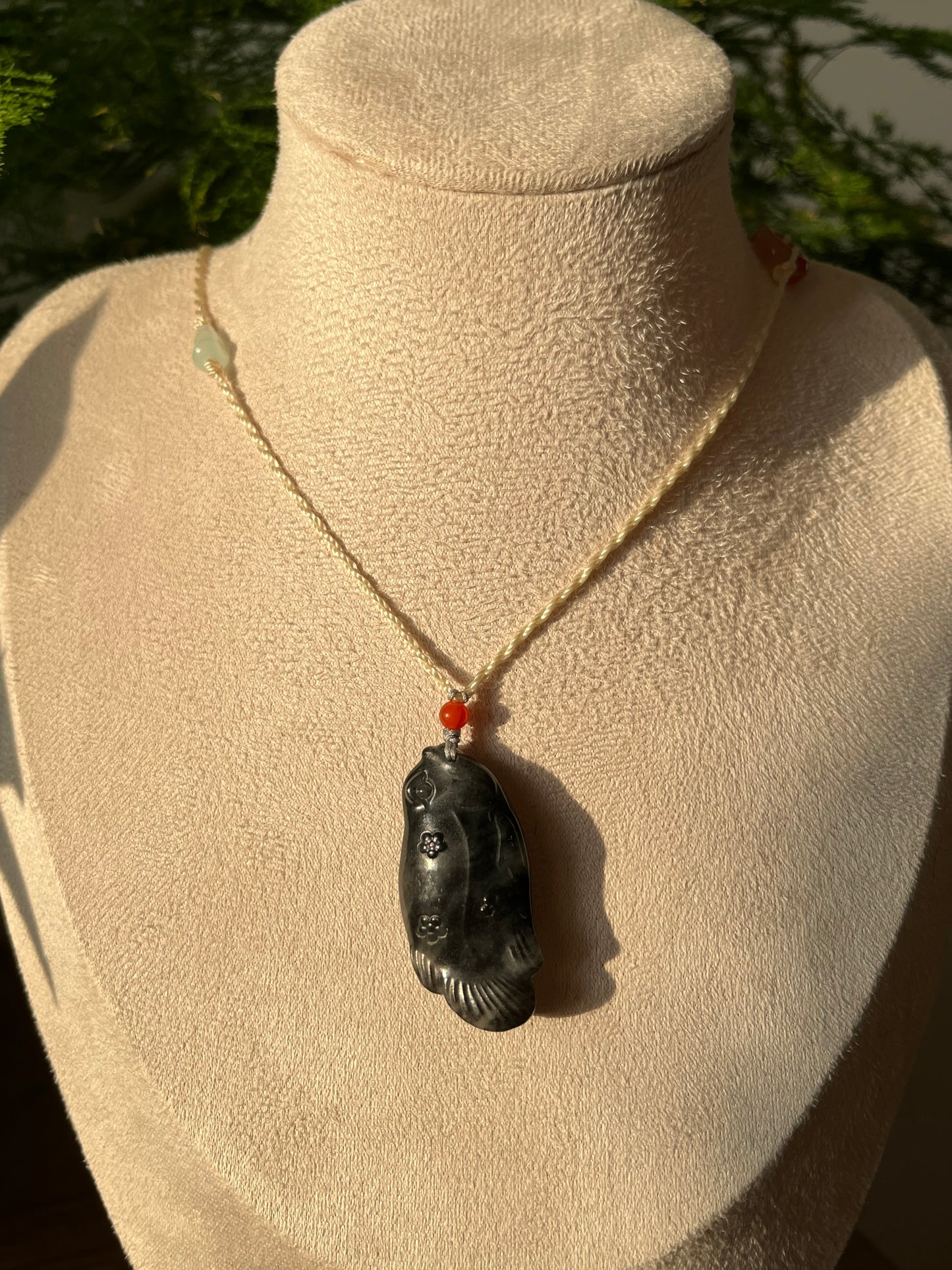 Handmade Necklace with a Hand Carved Black Jade (Qinghua) Fish Pendant and a Hand woven Cord, 手雕和田青花鱼吊坠