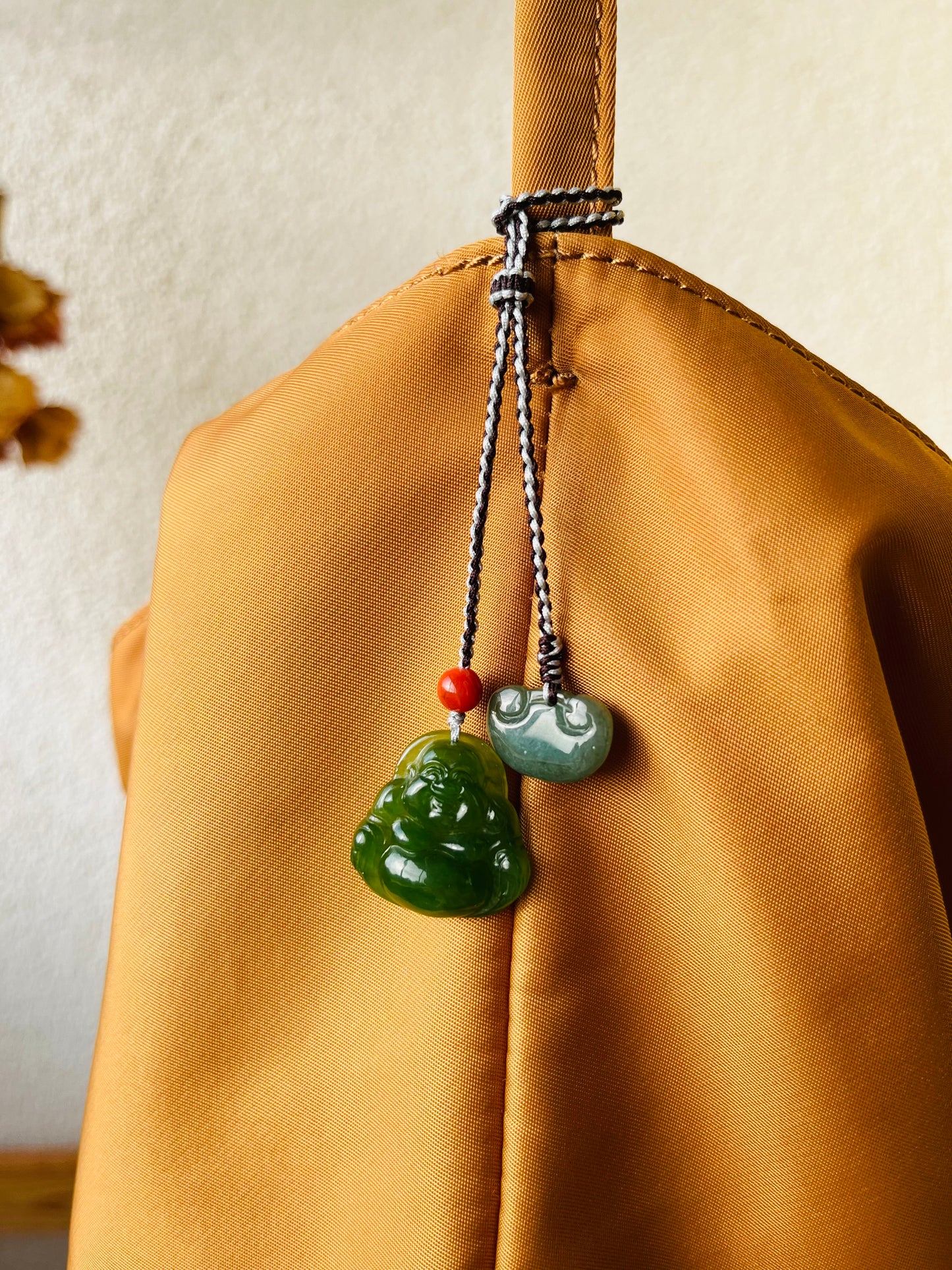 Handmade Jade Maitreya Buddha Bag Charm, 无黑点碧玉佛公包挂