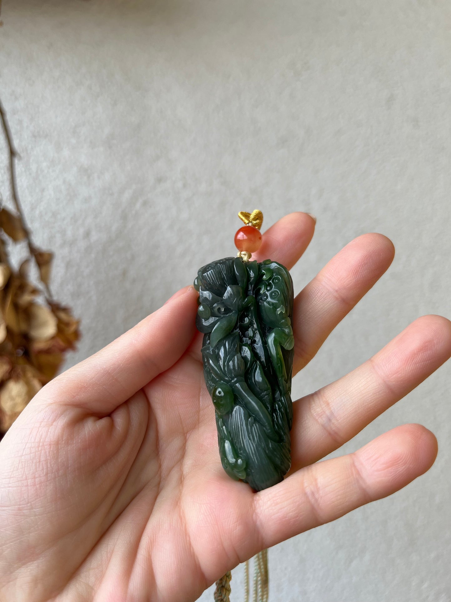 Hand Carved Green Nephrite Fish and Lotus Pendant, 手雕碧玉荷花鱼手把件