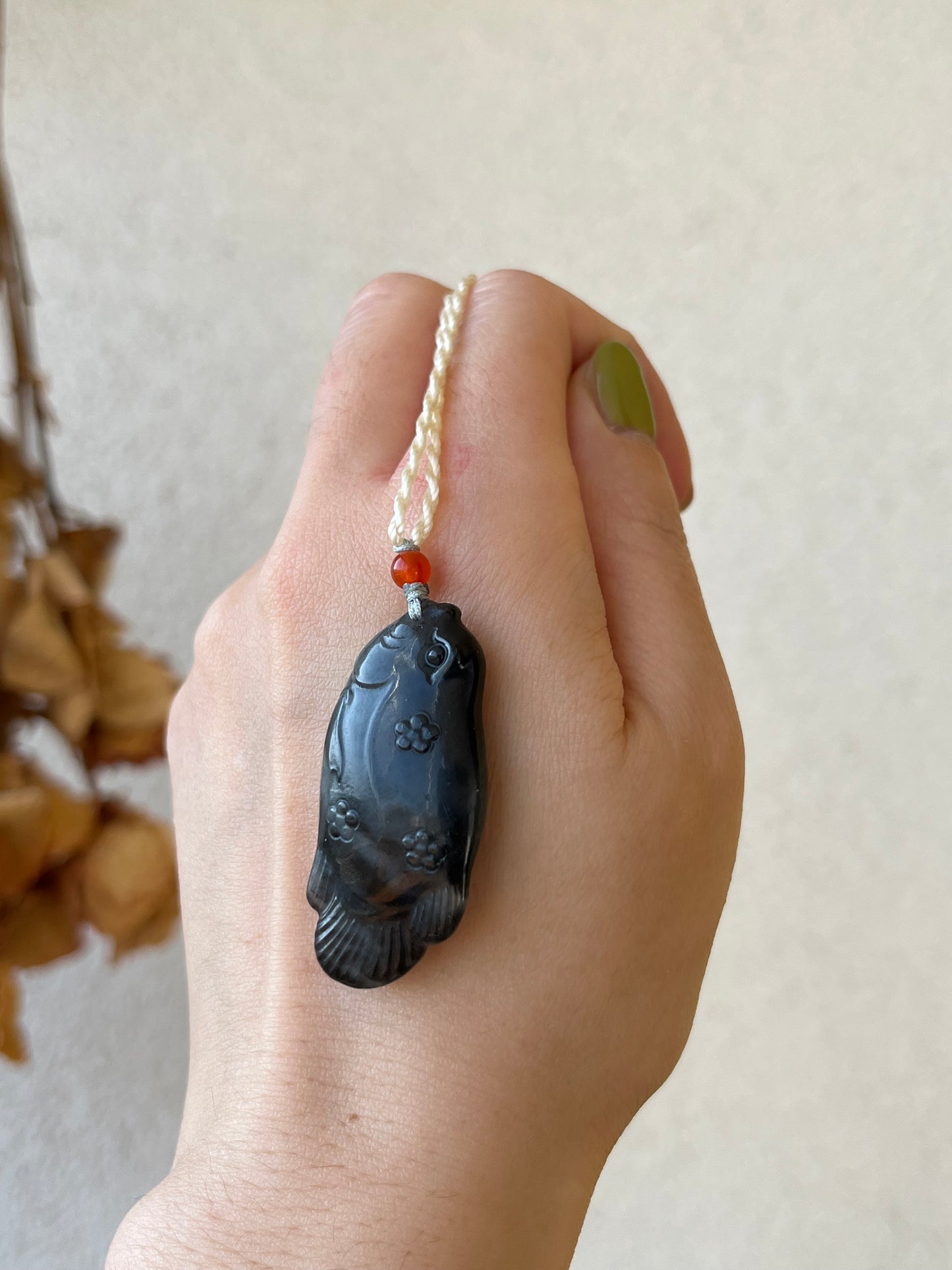 Handmade Necklace with a Hand Carved Black Jade (Qinghua) Fish Pendant and a Hand woven Cord, 手雕和田青花鱼吊坠