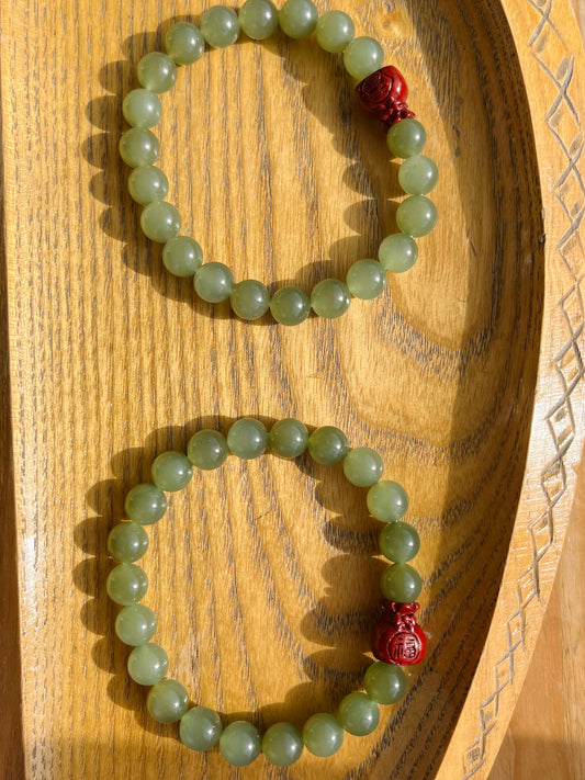 Bracelet with 8mm Icy Green Jade Beads and a Cinnabar Lucky Bag, 和田冰湖水绿珠加朱砂福袋手串