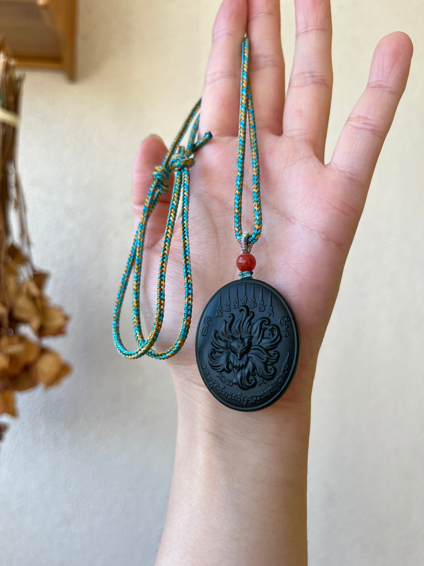 Carved Jade Nine-Tailed Fox Pendant, 青玉九尾狐