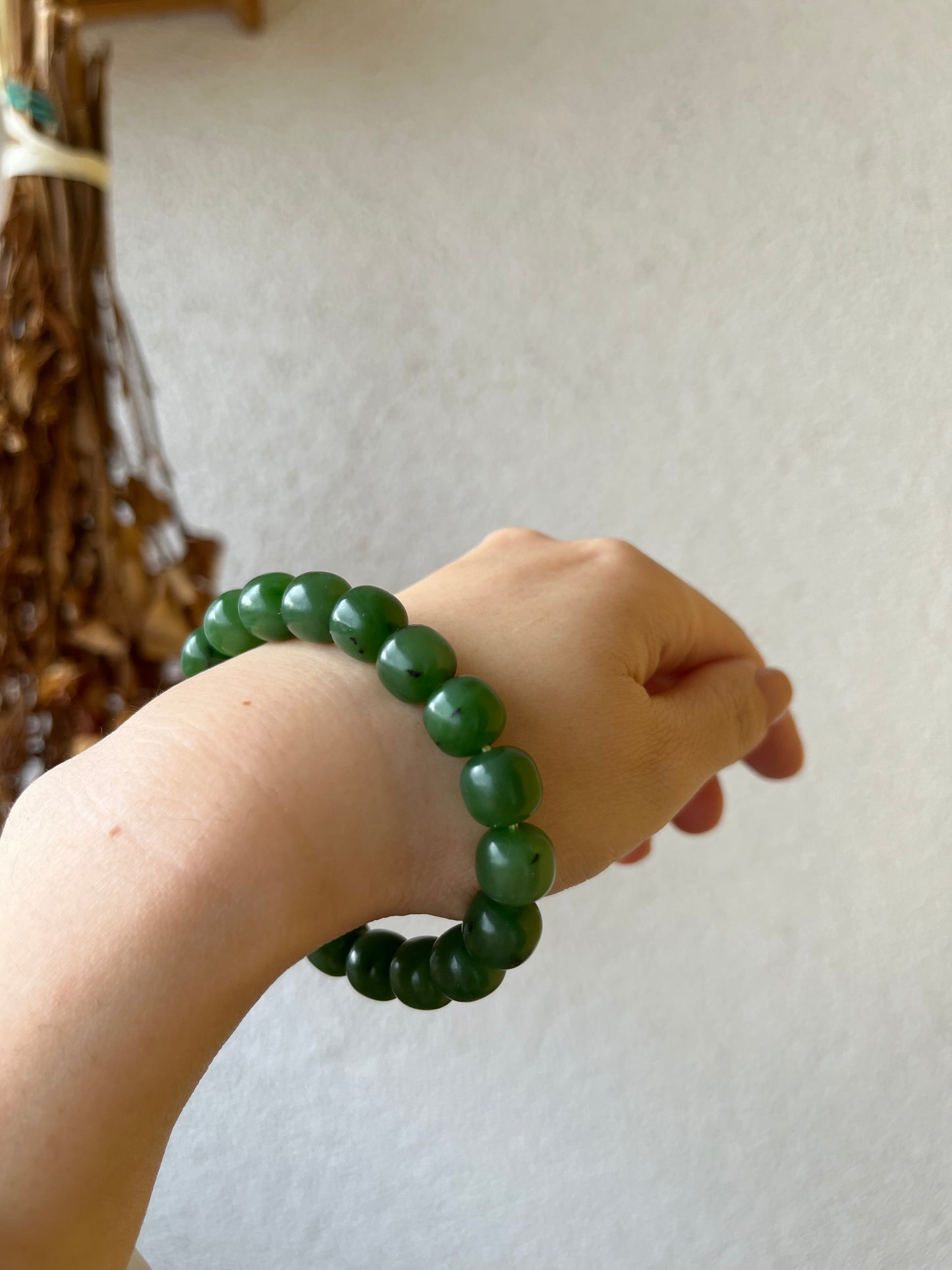 Green Nephrite Jade Beaded Bracelet 10mm x 8mm