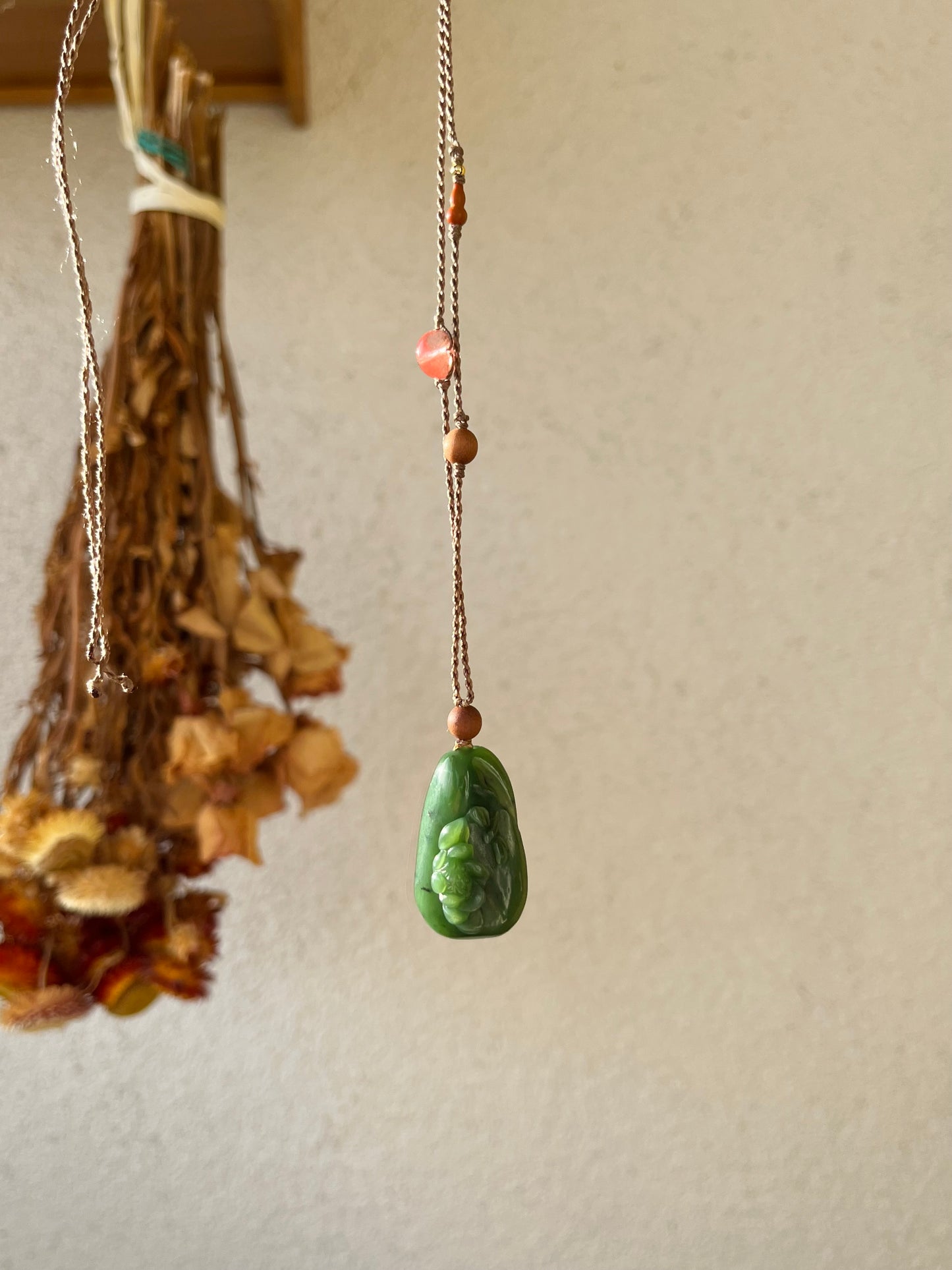 Handmade Necklace with a Hand Carved Green Jade Lotus and Dragonfly Pendant