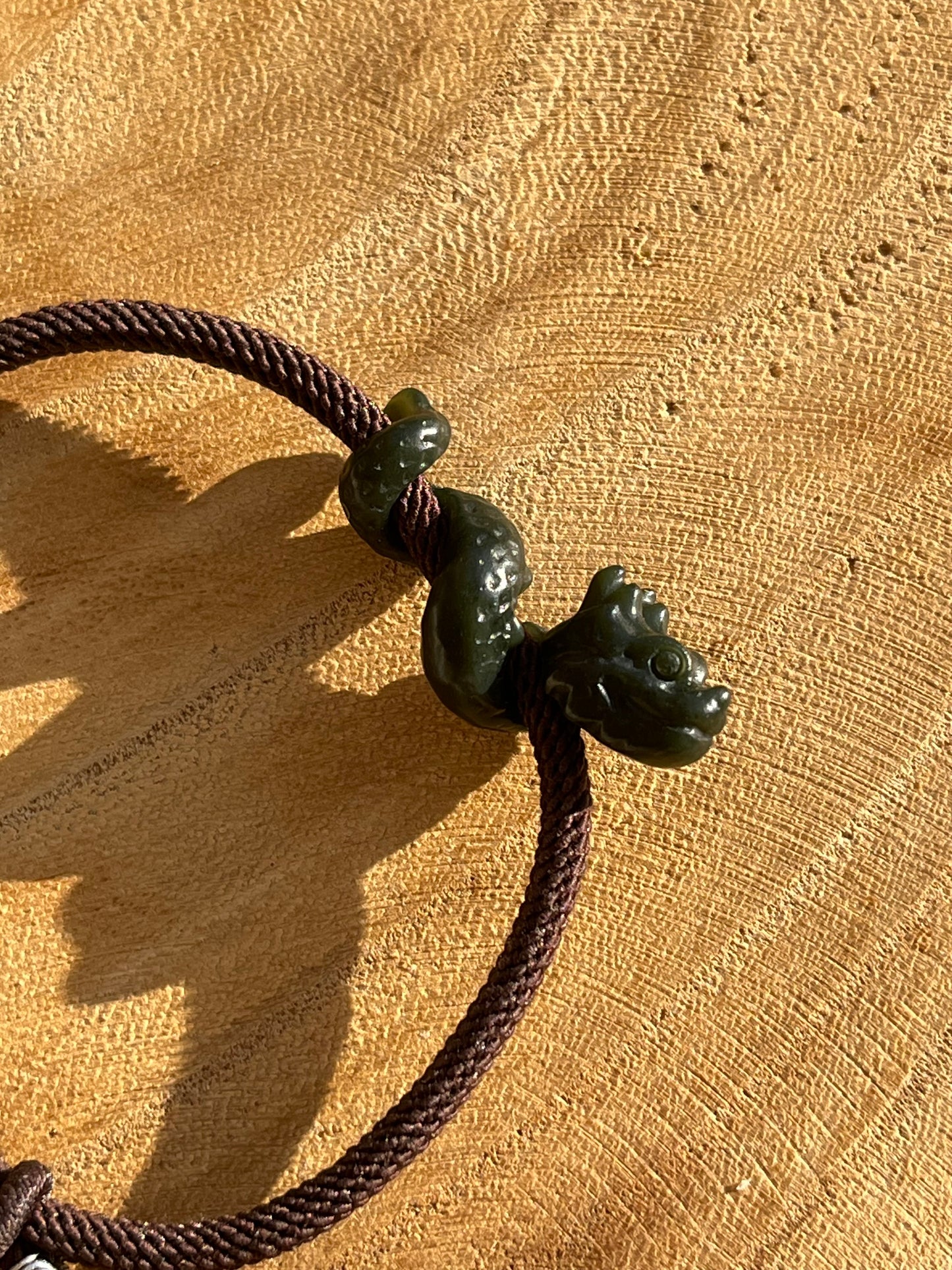 Hand Carved Dark Cyan Jade Chinese Dragon Pendant Bracelet, 手雕青玉盘龙手绳