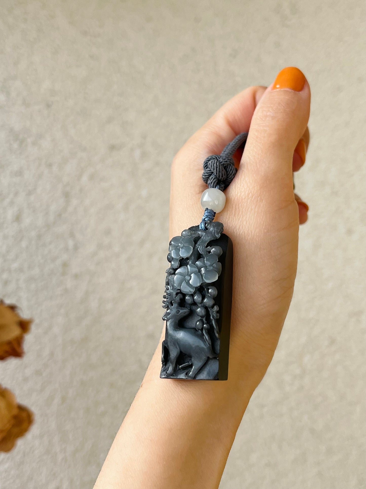 Hand Carved Black Jade Deer and Plum Blossoms, 手雕青花籽料梅花鹿