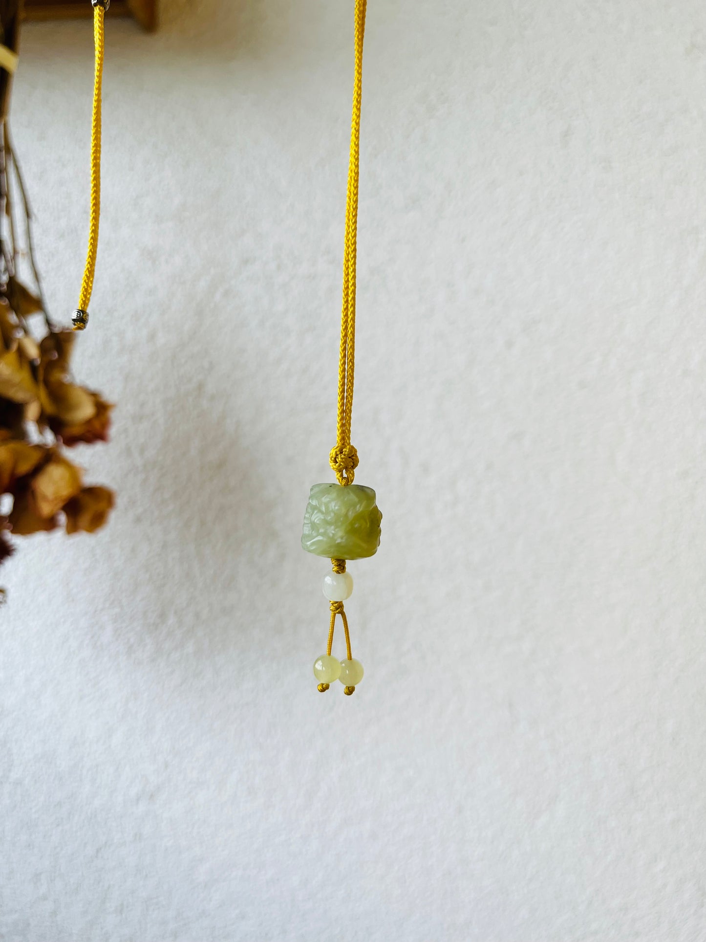 Hand Carved Yellow Jade Chinese Lion Dance Head Pendant