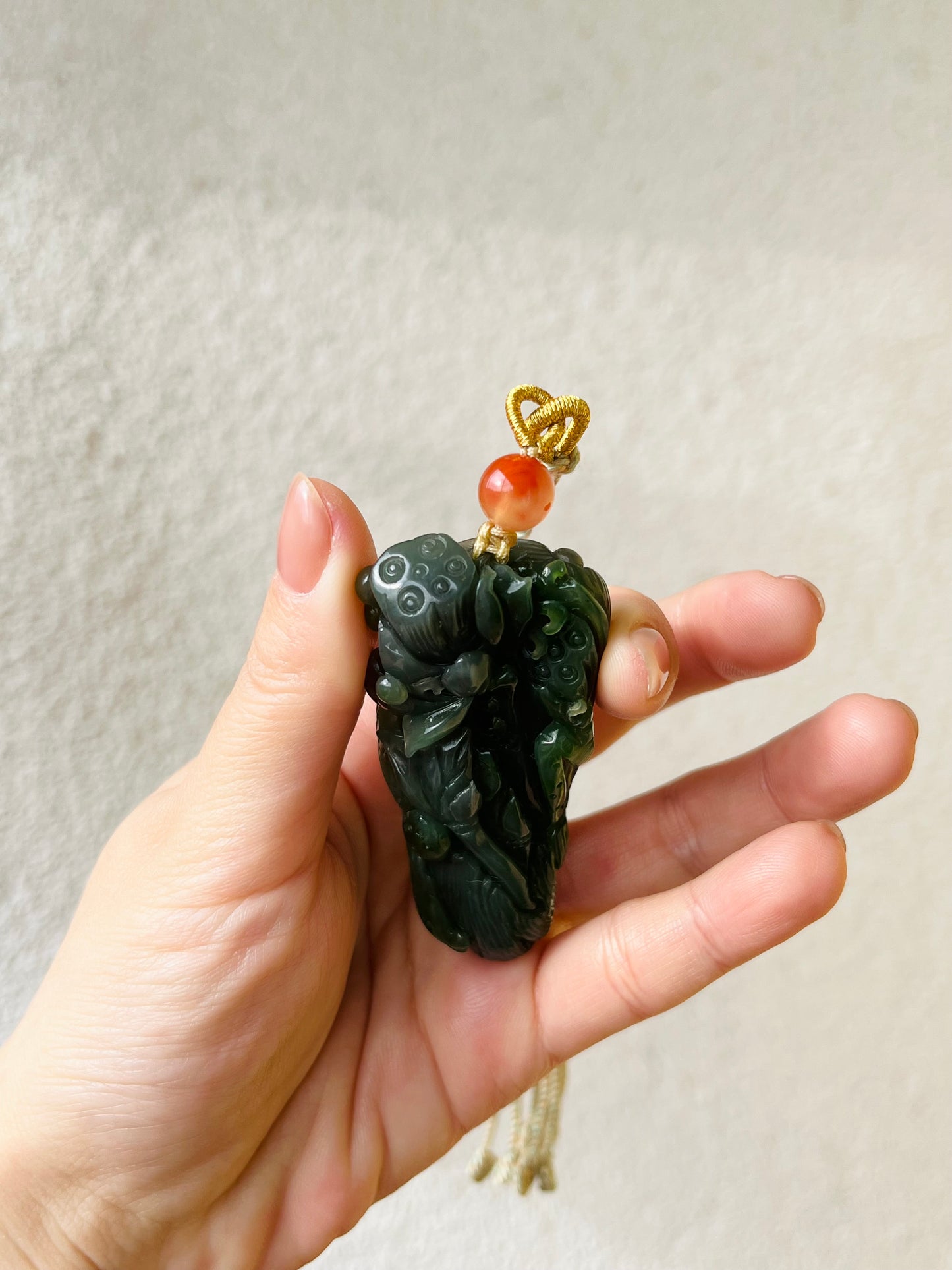 Hand Carved Green Nephrite Fish and Lotus Pendant, 手雕碧玉荷花鱼手把件