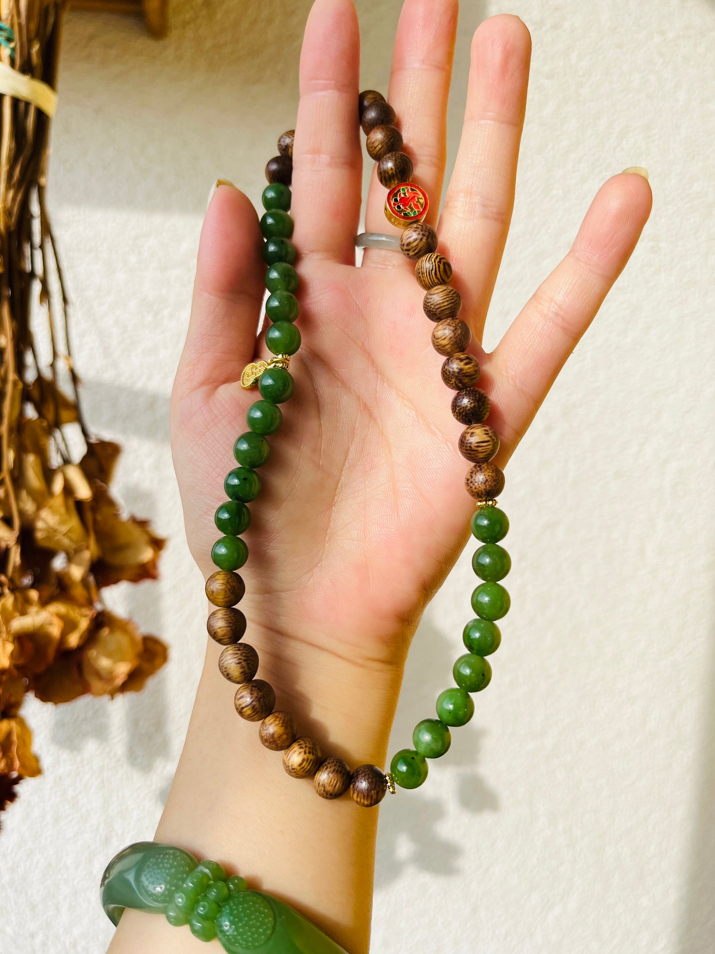 Handmade Double Loop Bracelet with 8mm Jade Beads and Sandalwood beads