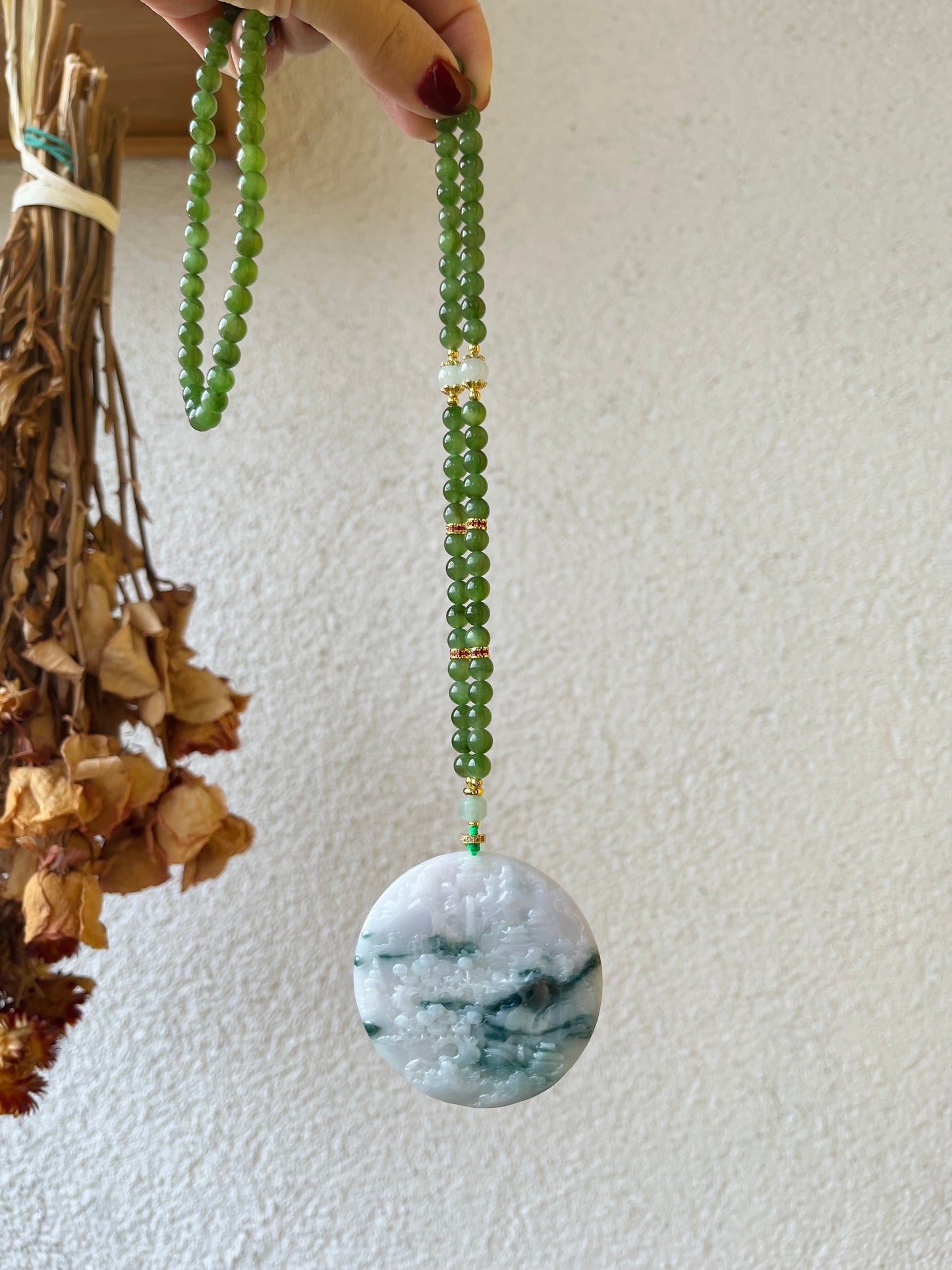 Hand Carved White and Green Jadeite Landscape Pendant, 手雕翡翠山水