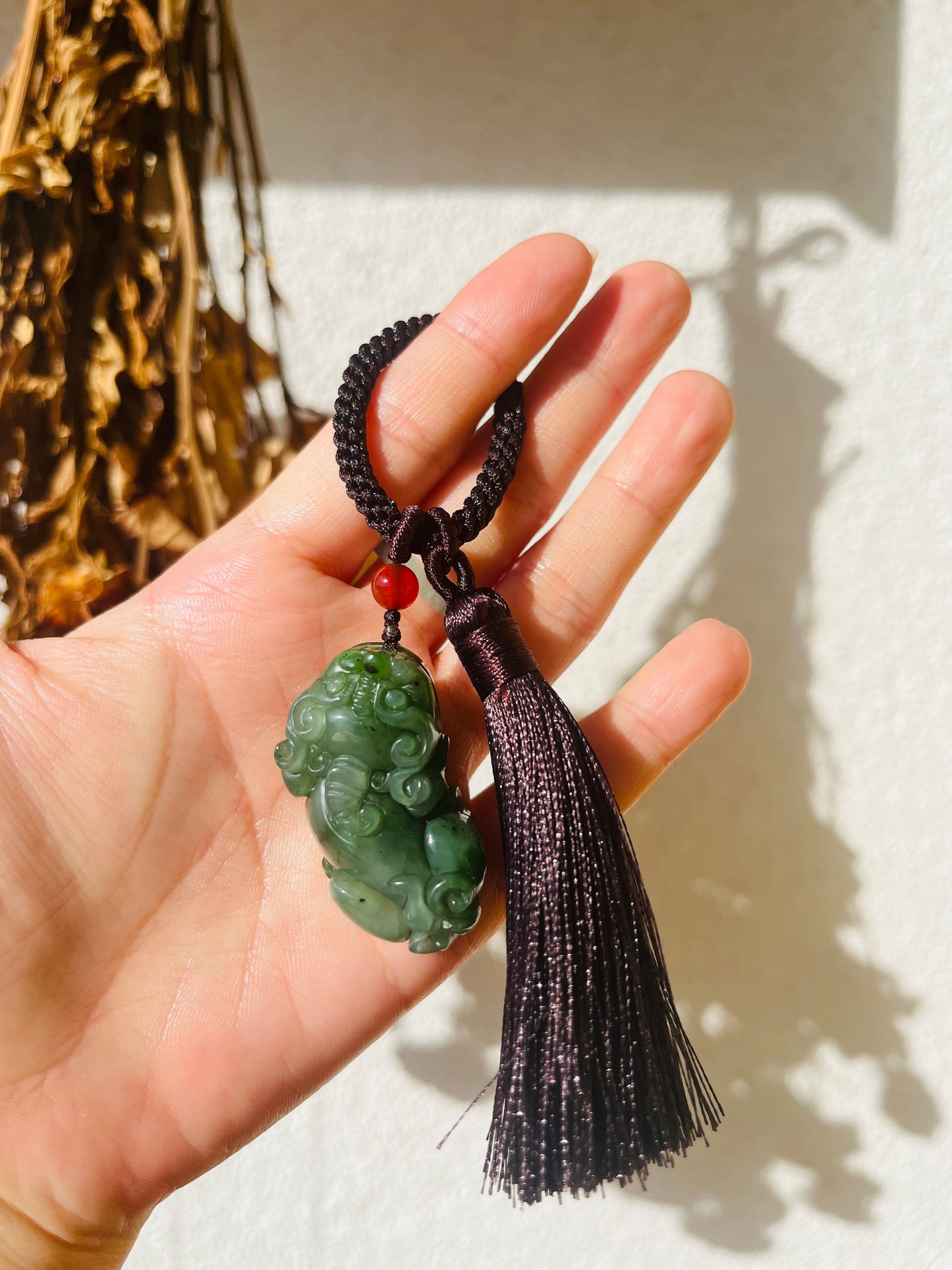 Handmade Bag Charm with a Carved Green Jade Pixiu, 碧玉貔貅包挂