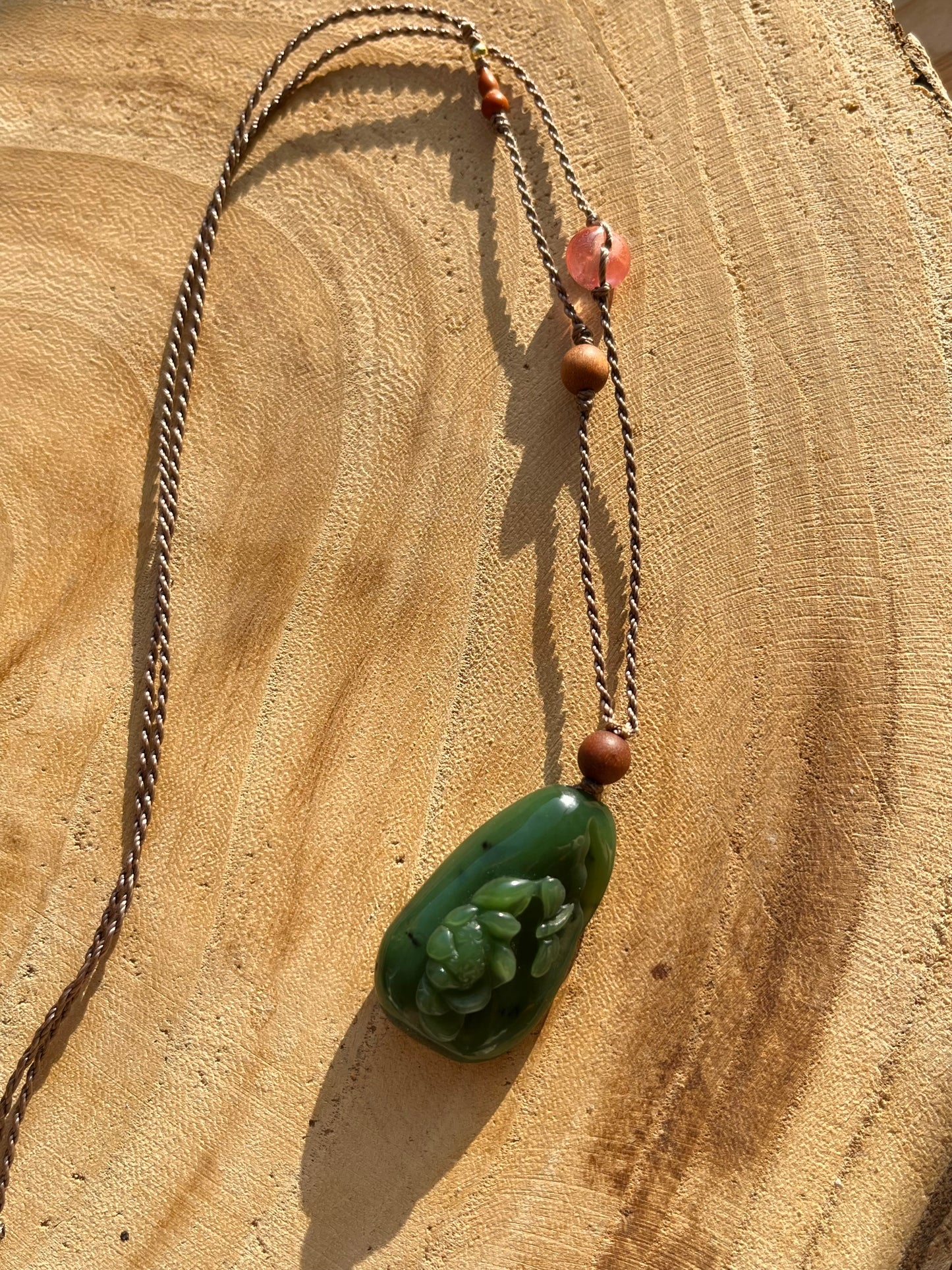 Handmade Necklace with a Hand Carved Green Jade Lotus and Dragonfly Pendant