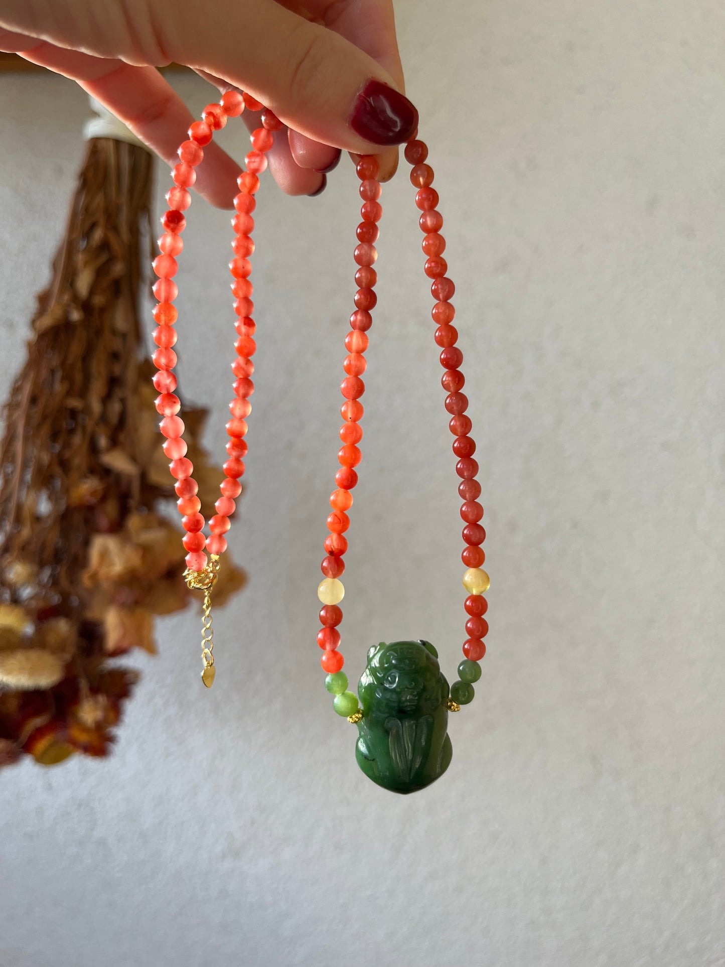 Handmade Necklace with a Carved Green Jade Pixiu and Nanhong Agate Beads