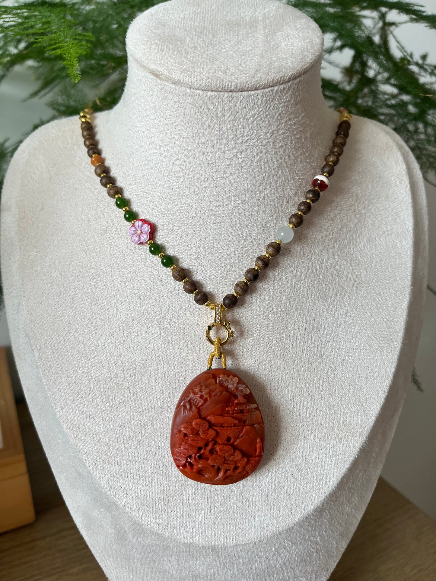 Handmade Necklace with a Hand Carved Nanhong Agate Landscape Pendant, 手雕南红山水