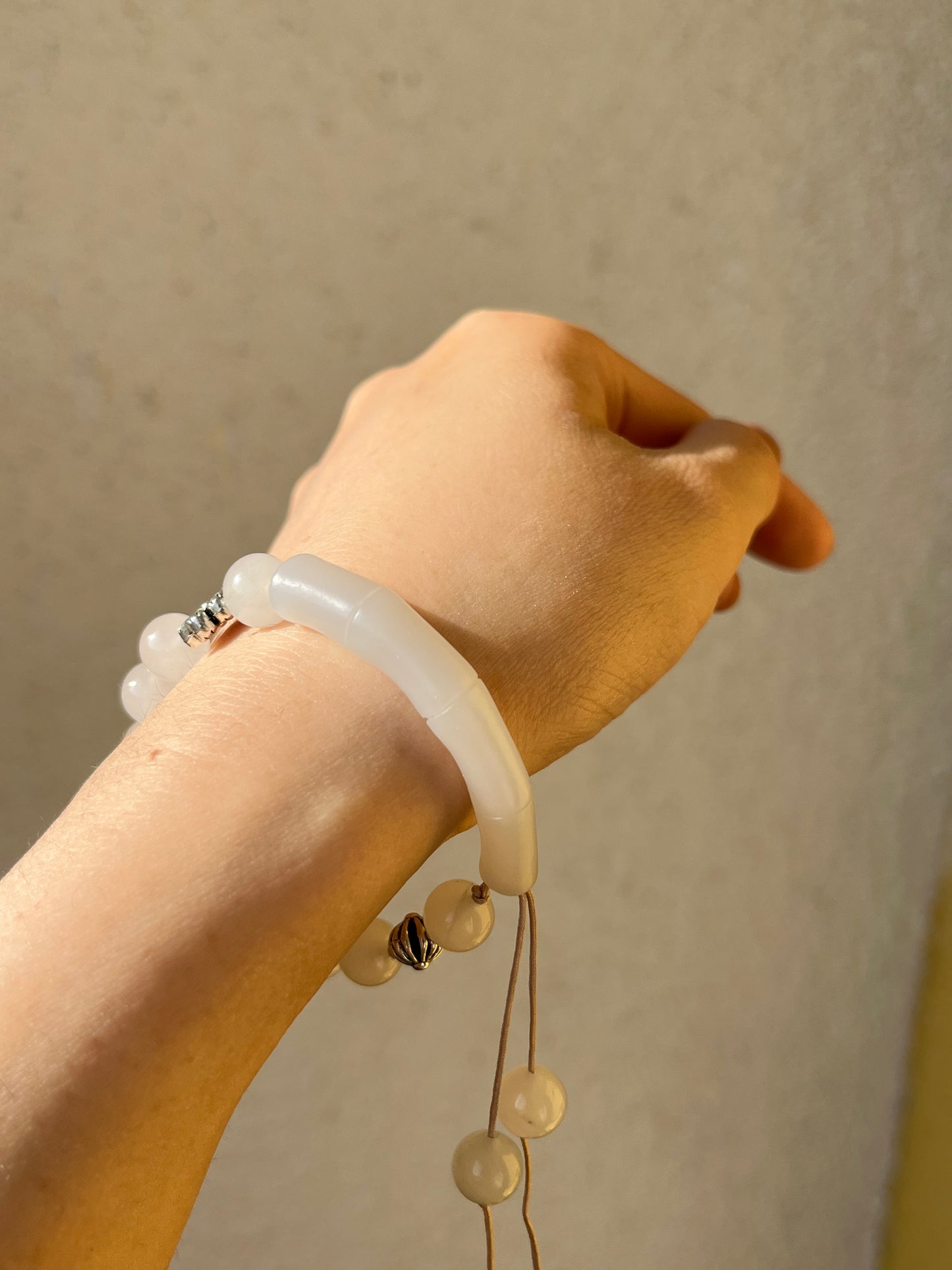 Handmade Bracelet with a Hand Carved White Jade Bamboo