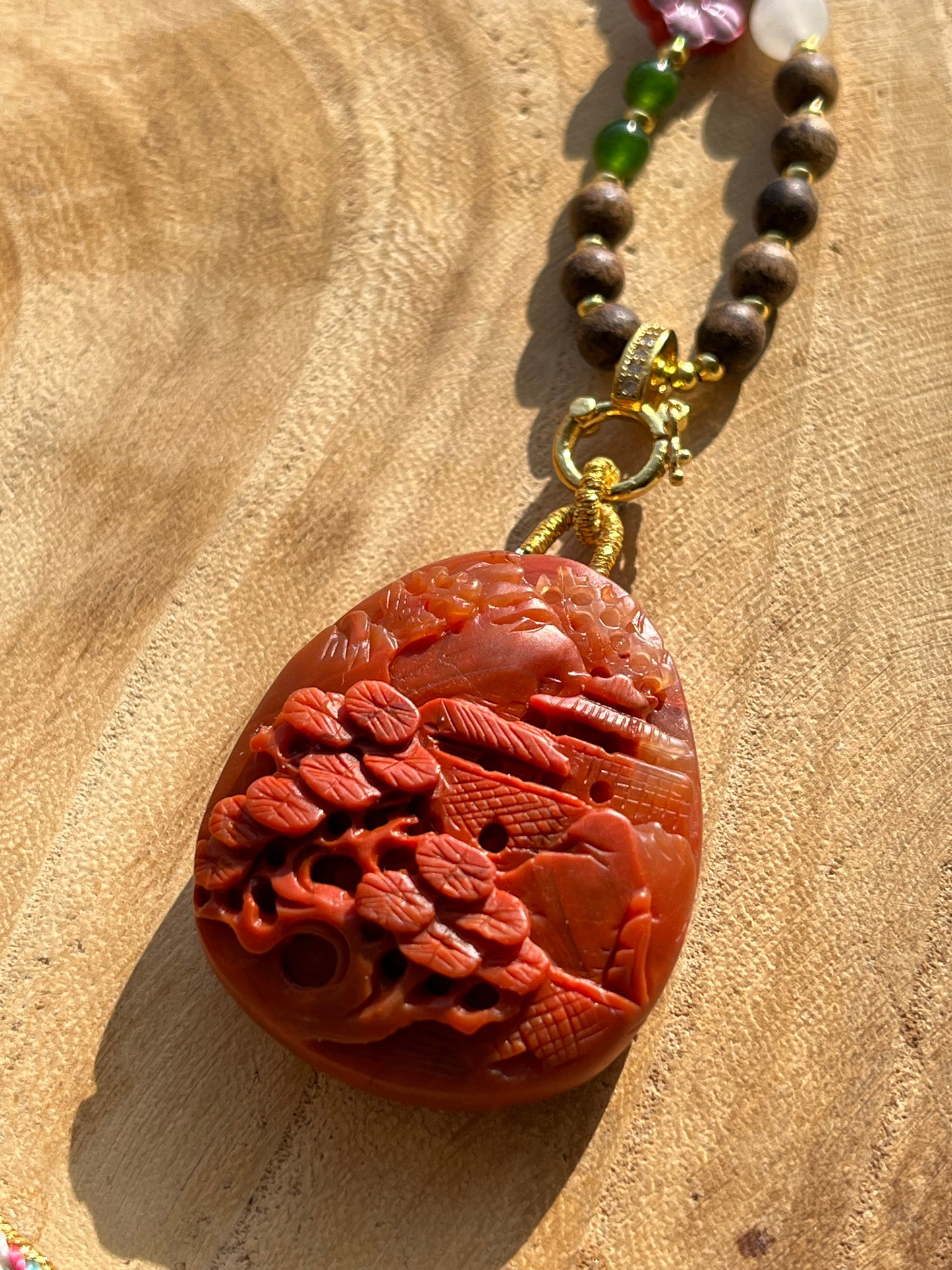 Handmade Necklace with a Hand Carved Nanhong Agate Landscape Pendant, 手雕南红山水