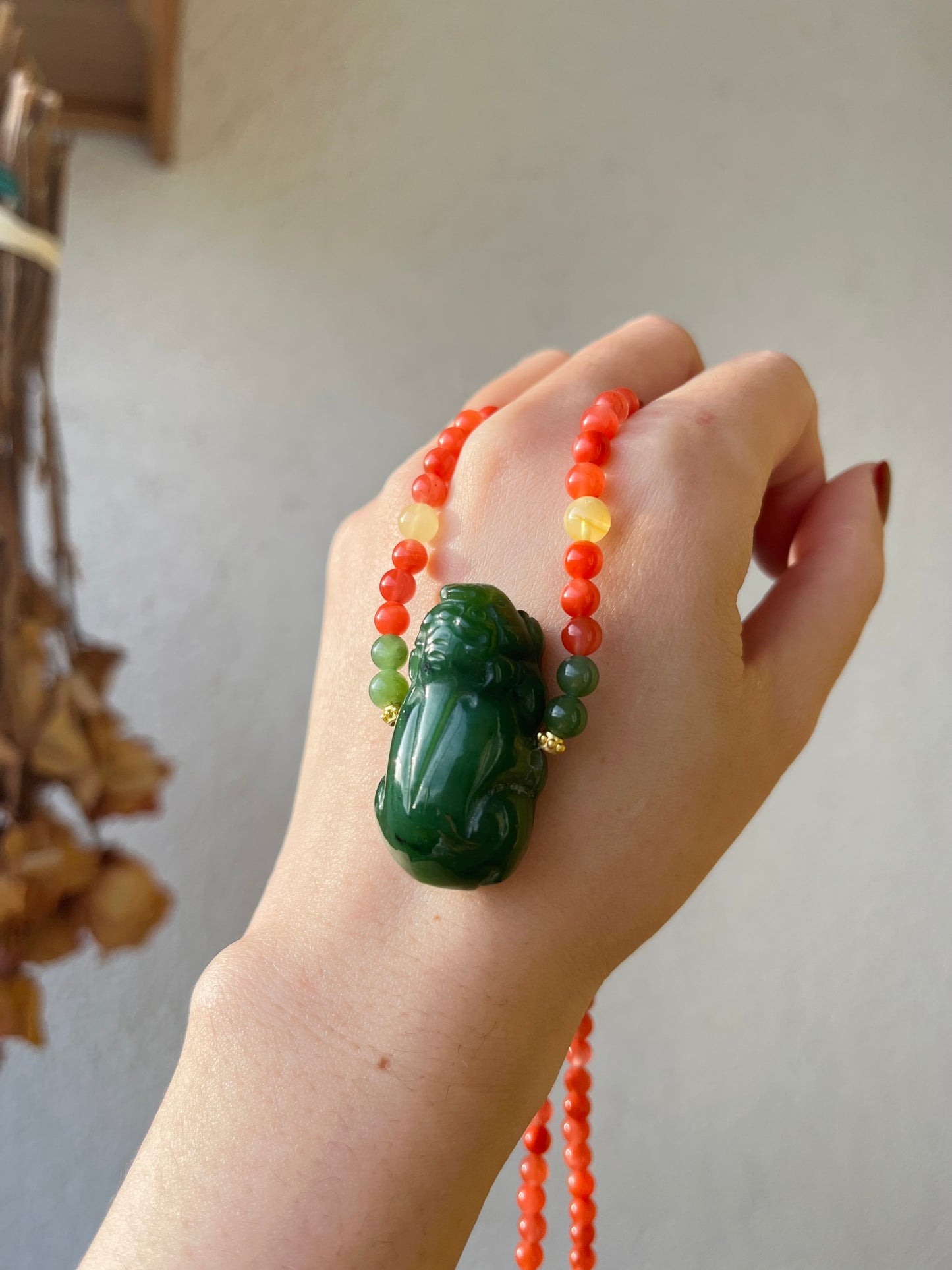 Handmade Necklace with a Carved Green Jade Pixiu and Nanhong Agate Beads