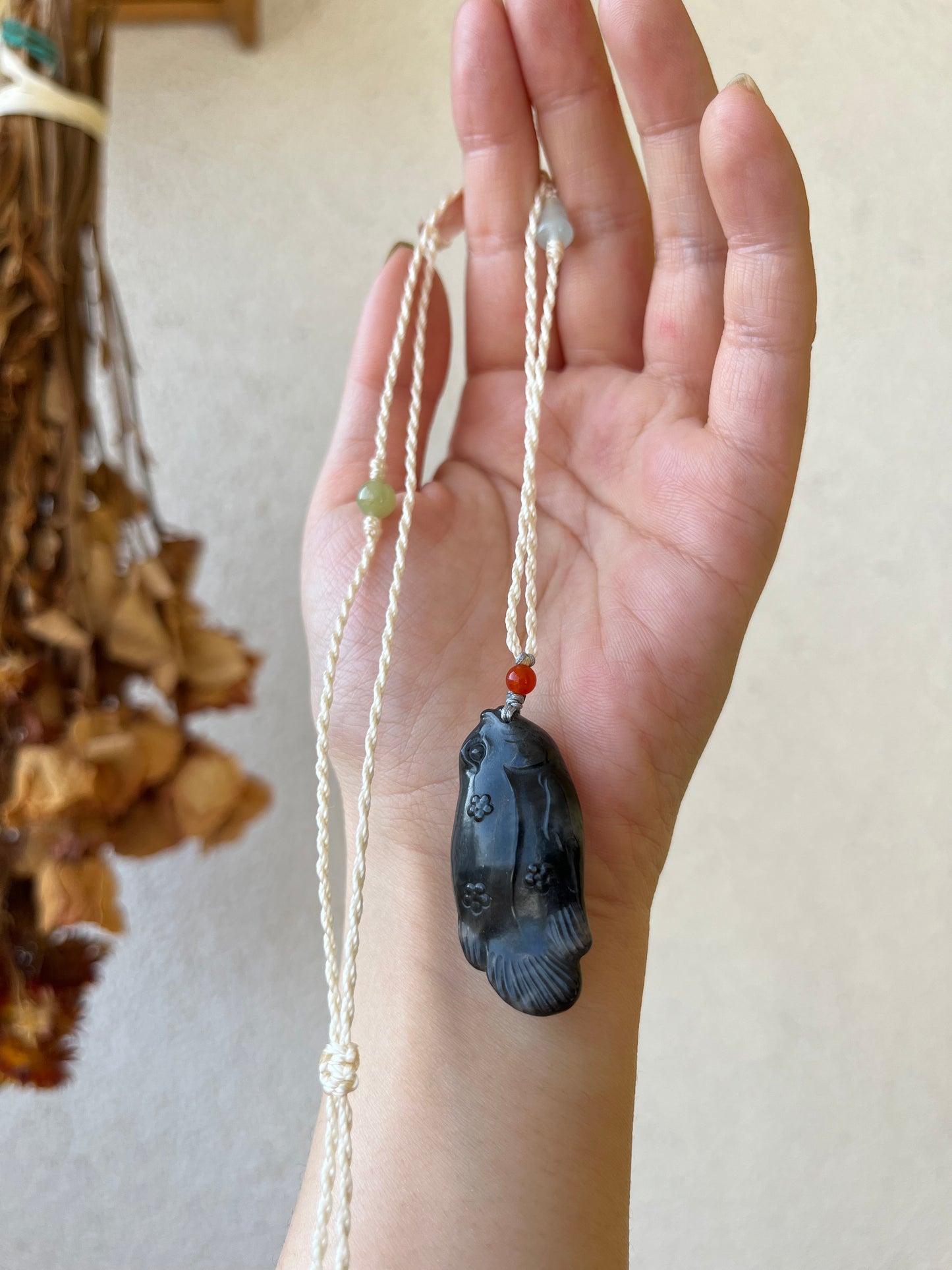 Handmade Necklace with a Hand Carved Black Jade (Qinghua) Fish Pendant and a Hand woven Cord, 手雕和田青花鱼吊坠