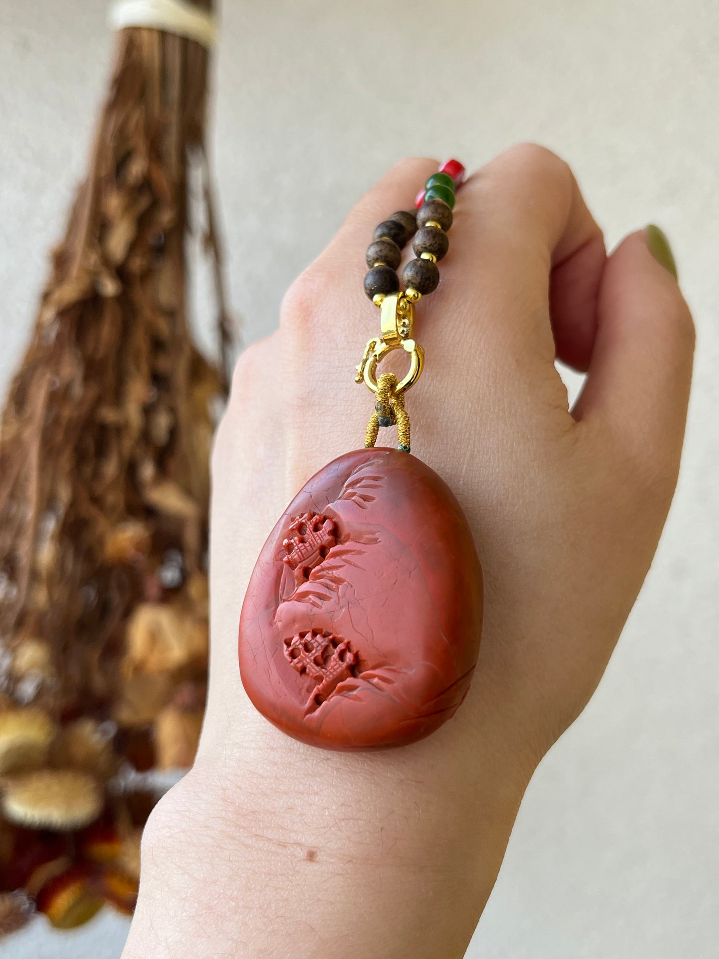 Handmade Necklace with a Hand Carved Nanhong Agate Landscape Pendant, 手雕南红山水