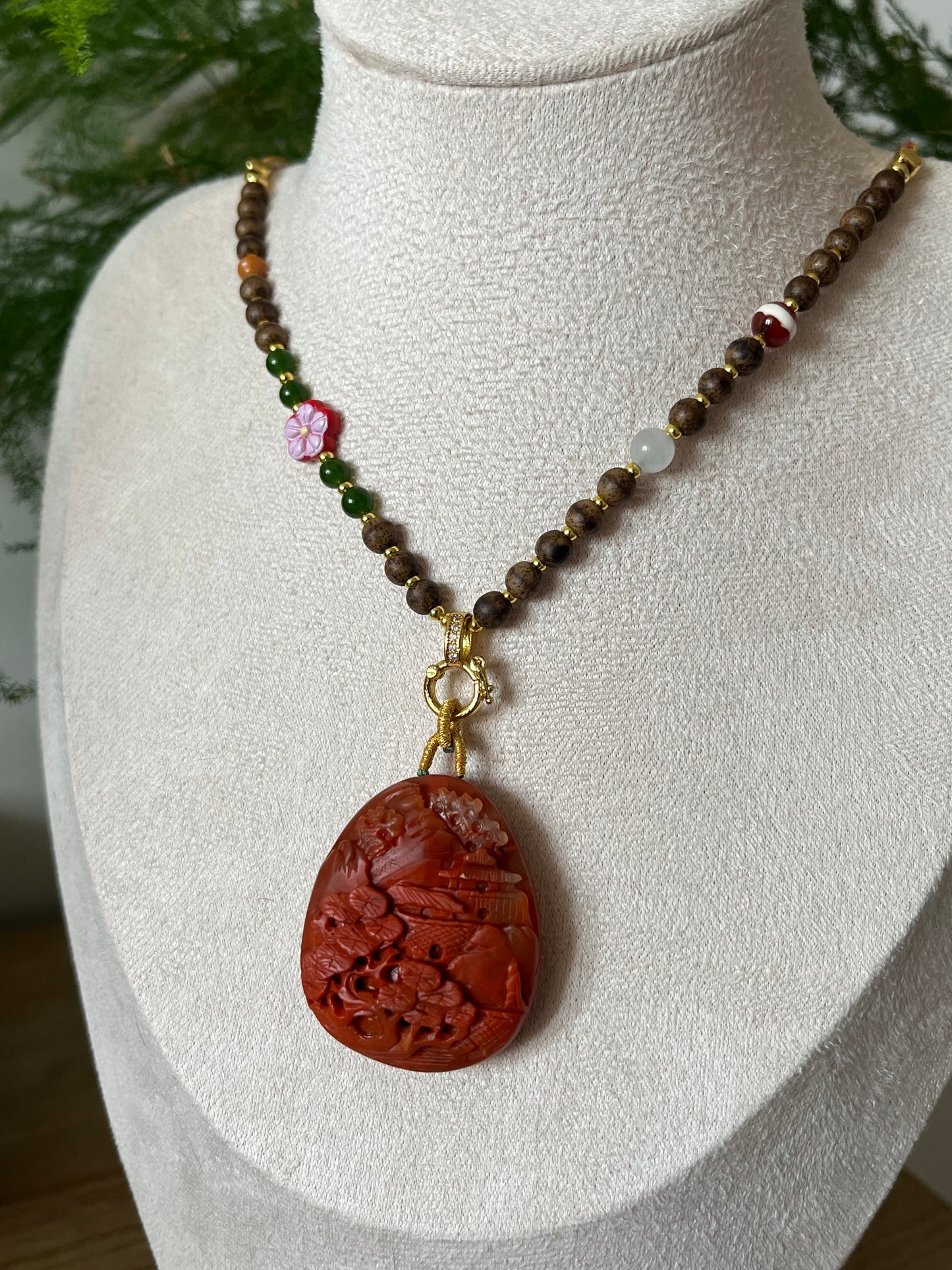 Handmade Necklace with a Hand Carved Nanhong Agate Landscape Pendant, 手雕南红山水