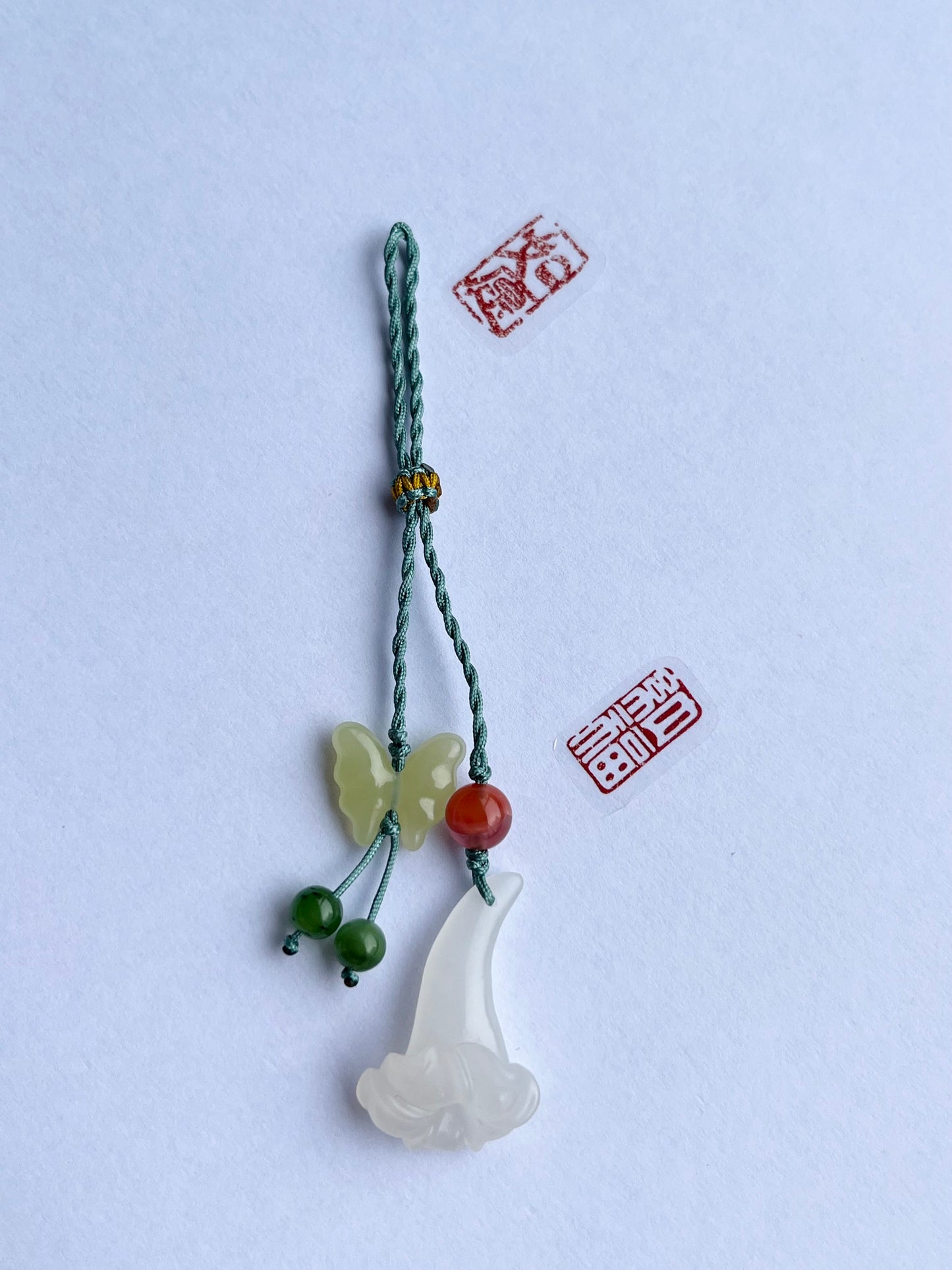 Handmade Phone Charm with a Hand Carved Jade Trumpet Flower and Butterfly