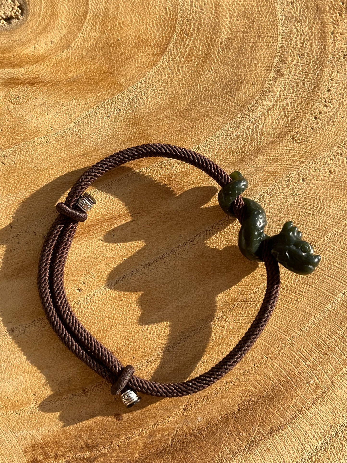 Hand Carved Dark Cyan Jade Chinese Dragon Pendant Bracelet, 手雕青玉盘龙手绳