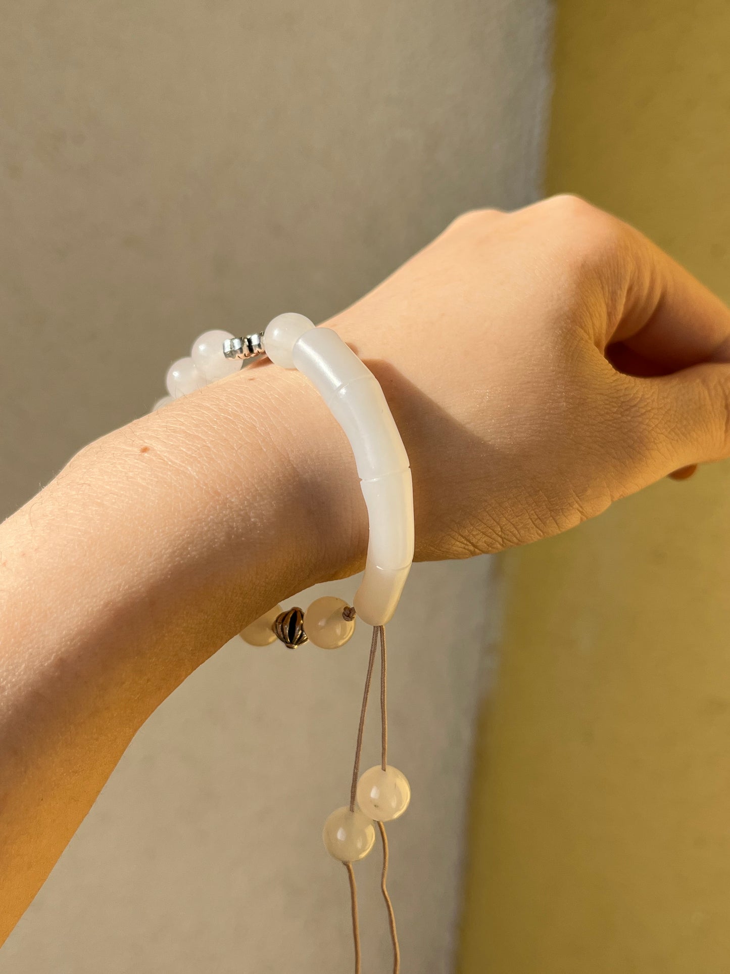 Handmade Bracelet with a Hand Carved White Jade Bamboo