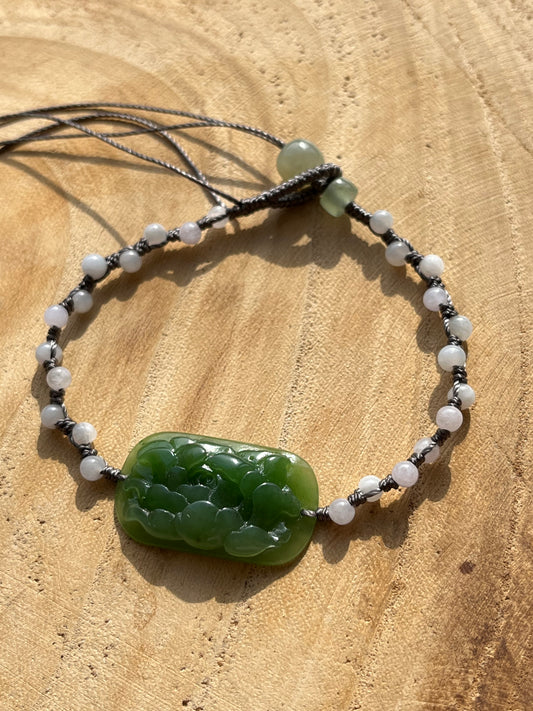 Hand-woven Charm Bracelet with a Hand Carved Green Jade Peony