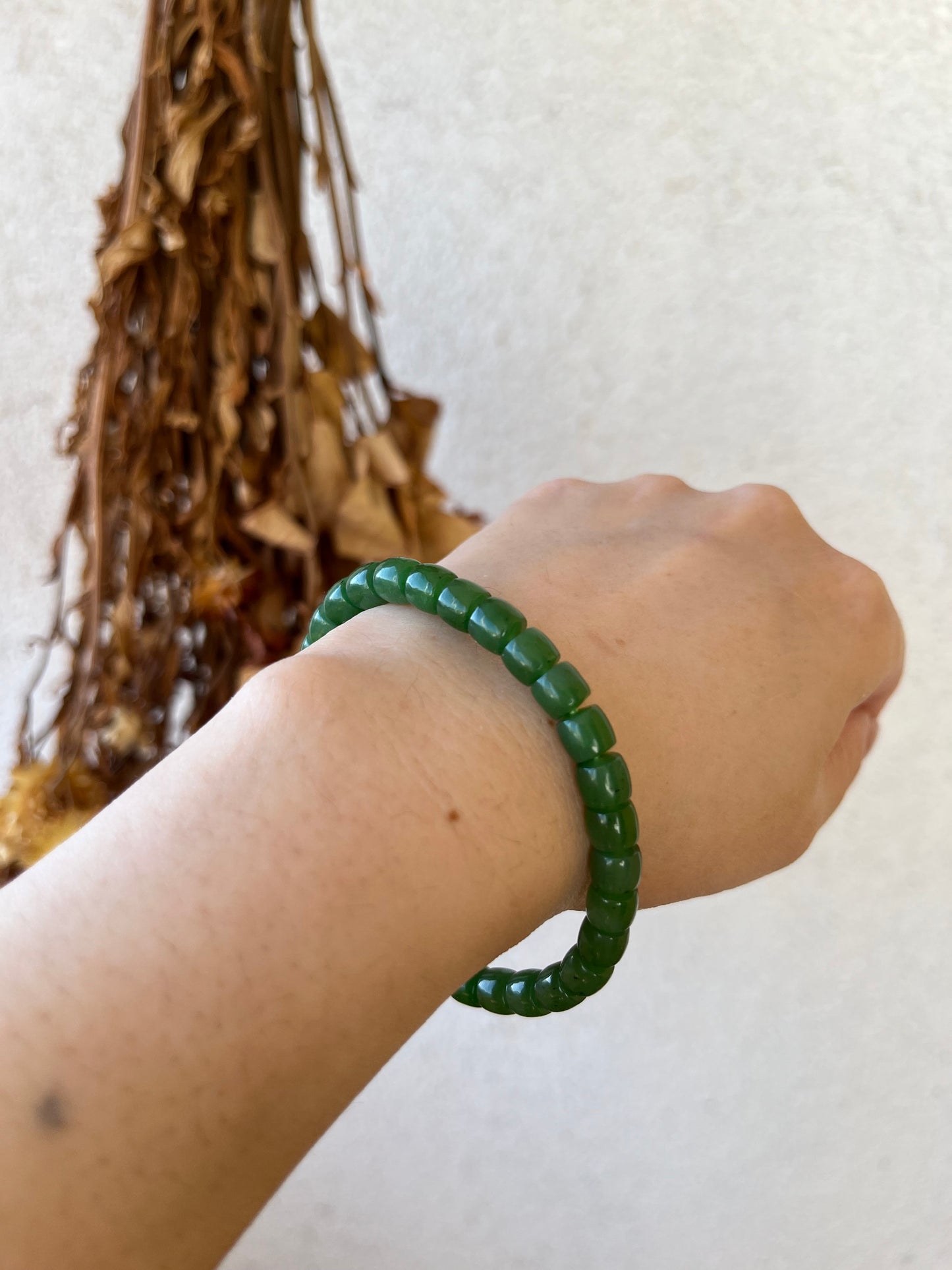 Green Nephrite Jade Beaded Bracelet (6mm x 4mm)