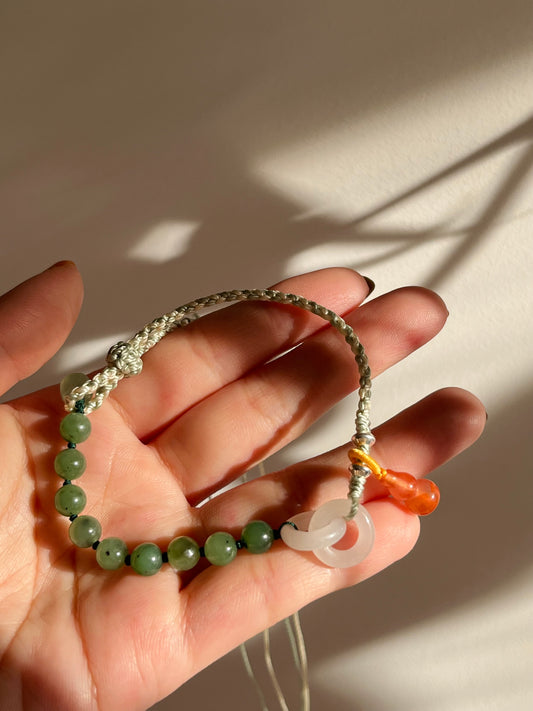 Handwoven Bracelet with Interlocking White Jade Rings, 手编和田白玉环环相扣手绳