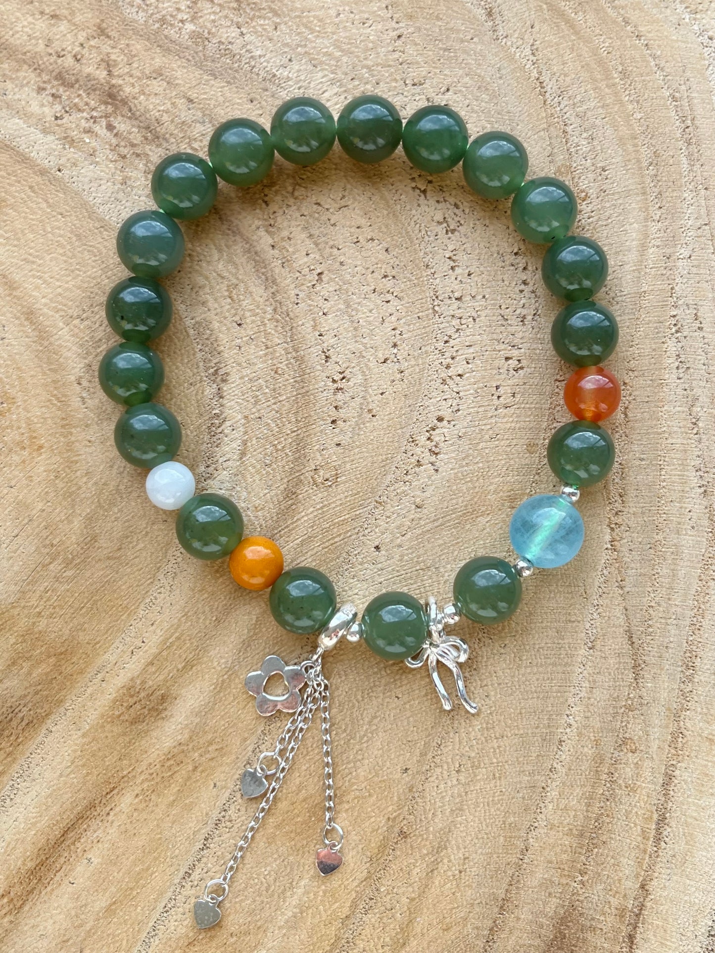 Green Jade Bracelet with 8mm Beads and S925 Sliver Accessories, 碧玉翡翠海蓝宝加银饰手串