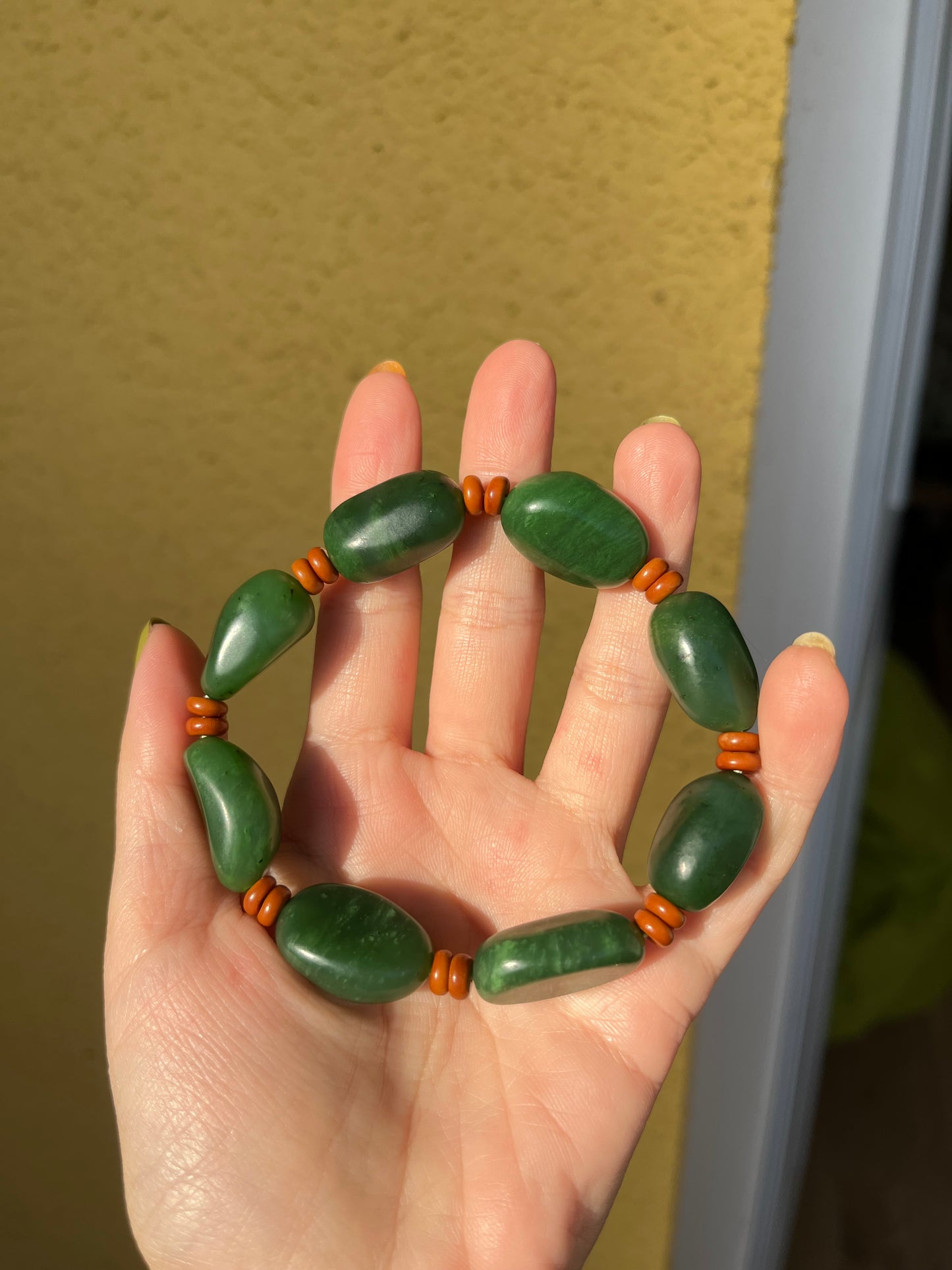 Green Jade Bracelet with Big Irregular Shaped Beads, 碧玉随形大珠子手串