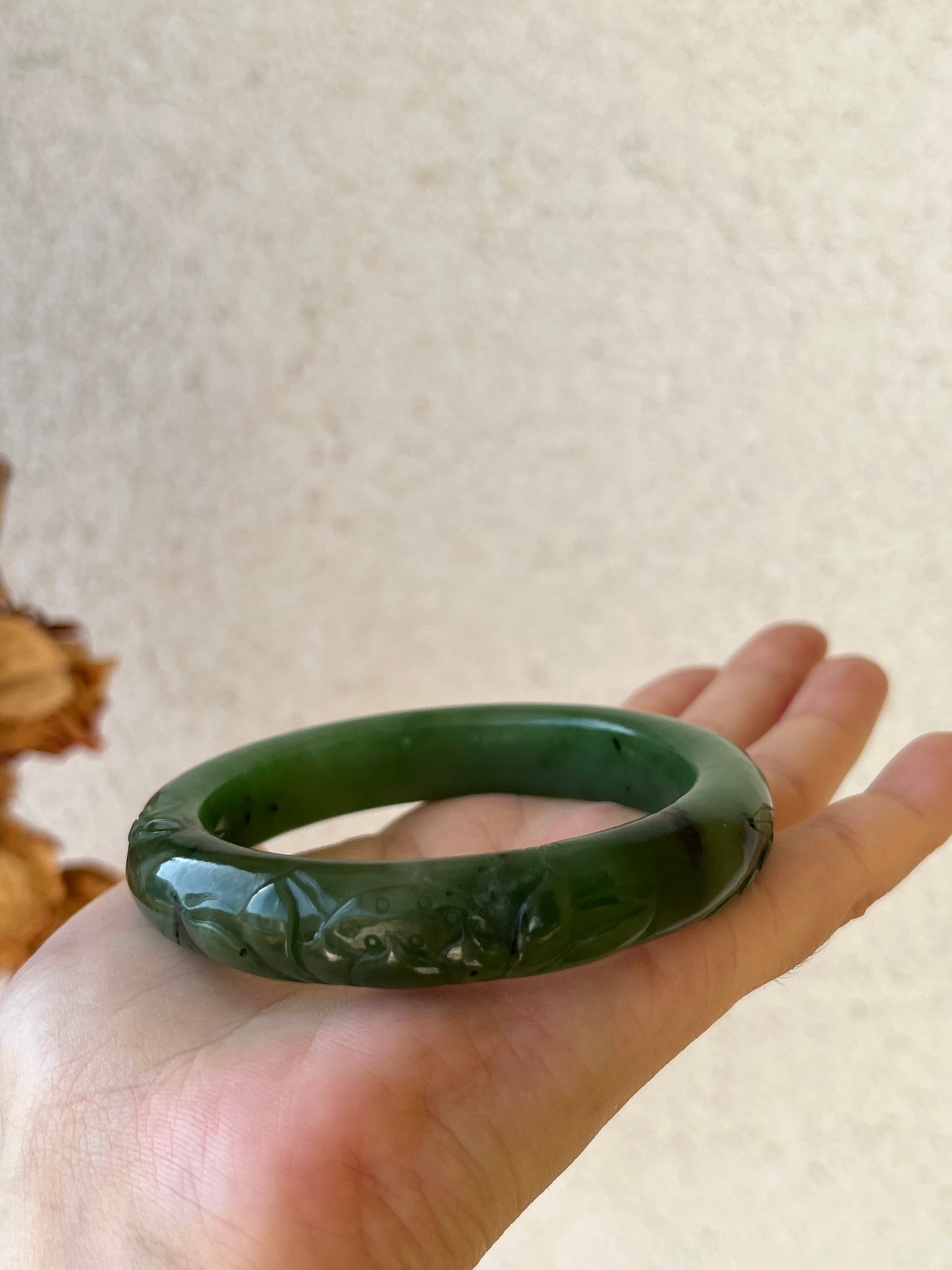 Carved Green Nephrite Jade Bangle 57mm