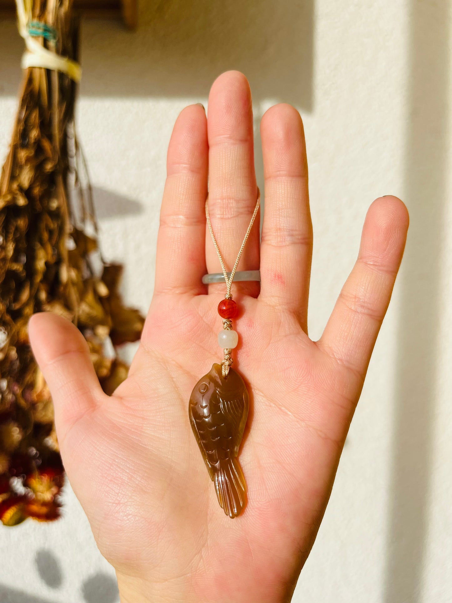 Hand Carved Brown Jade Fish Phone Charm