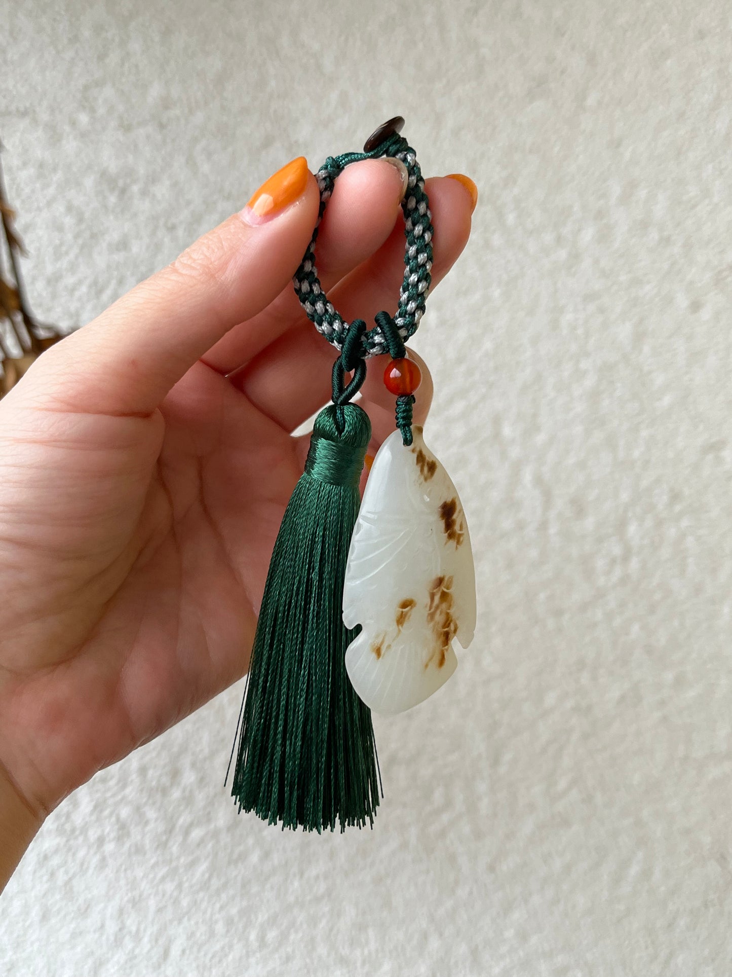 Handmade Bag charm with a Hand Carved Jade Fish, 手雕白玉鱼包挂