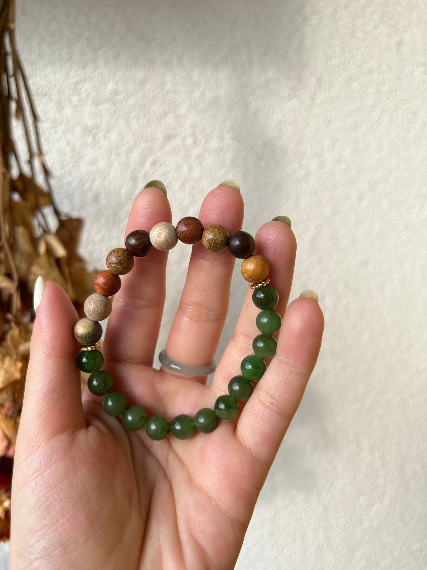 Handmade Bracelet with 8mm Jade Beads and Mixed wood Beads