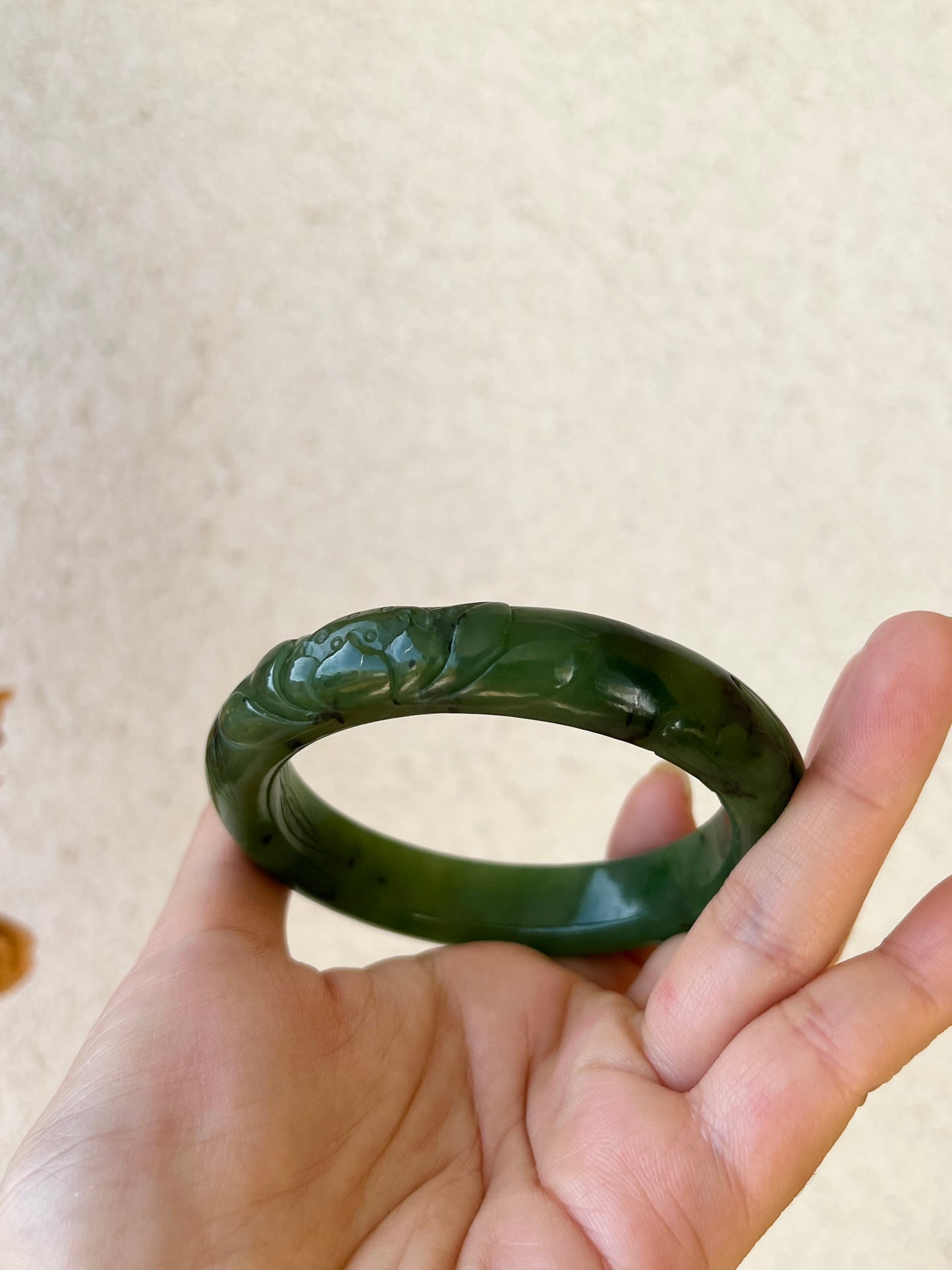 Carved Green Nephrite Jade Bangle 57mm